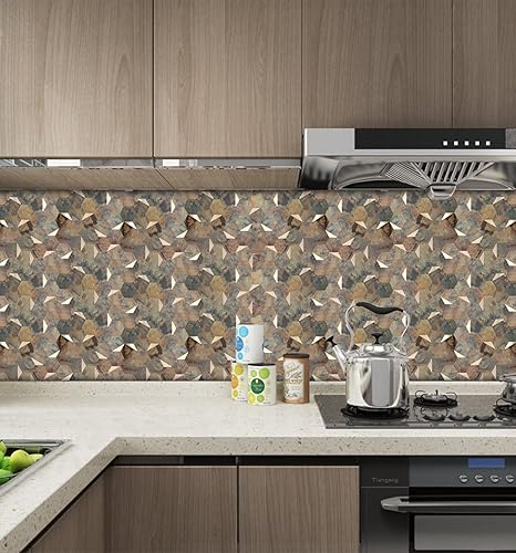 Miniatura 9 de YMMXGE - Azulejo de pared de PVC autoadhesivo para cocina, baño, 10 hojas de despegar y pegar, calcomanía de aluminio hexagonal autoadhesiva de 12 x