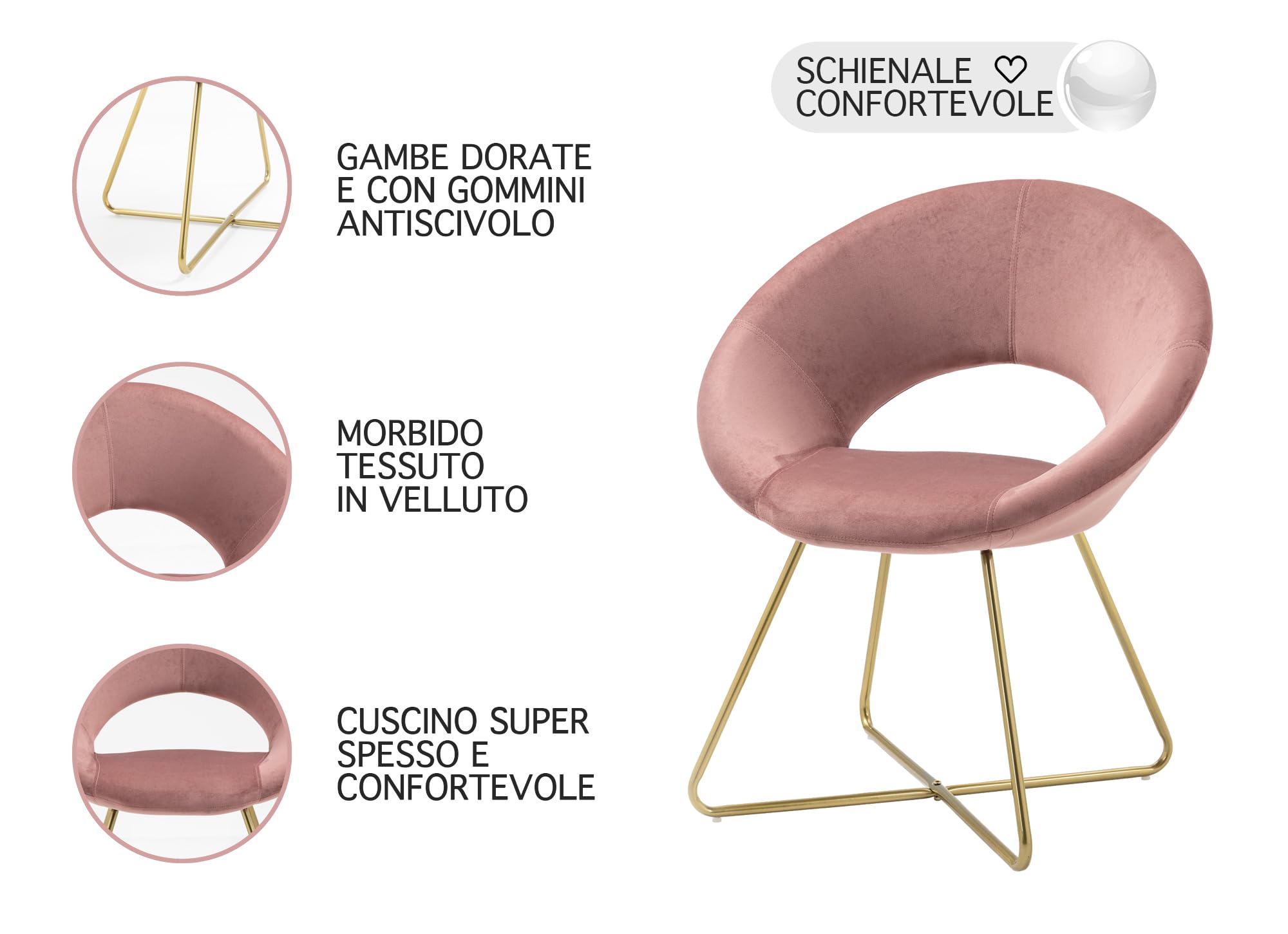 Poltrona Tonda Camera da Letto in Velluto Design Moderno, Sedia Imbottita Circolare con Gambe in Metallo Placcato Oro - Poltroncina per Salotto con Seduta Morbida Modello Grace - Rosa antico