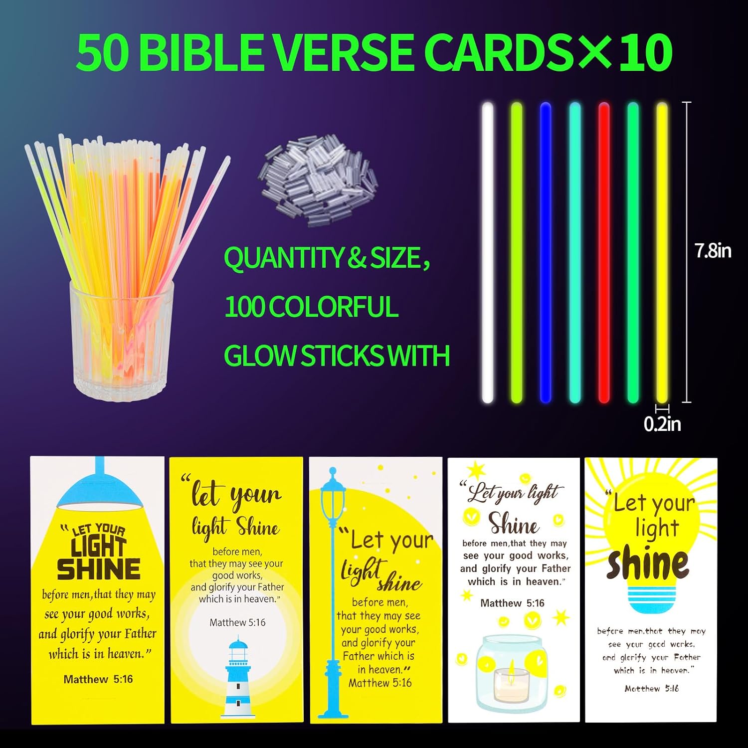 LiYiQ 50 Packs Christian Gifts Cards with 100 Glow Sticks Let Your Light Shine Cards with Glow Sticks Religious Bible Verse Cards for VBS Sunday School Supplies (Christian) - Image 2