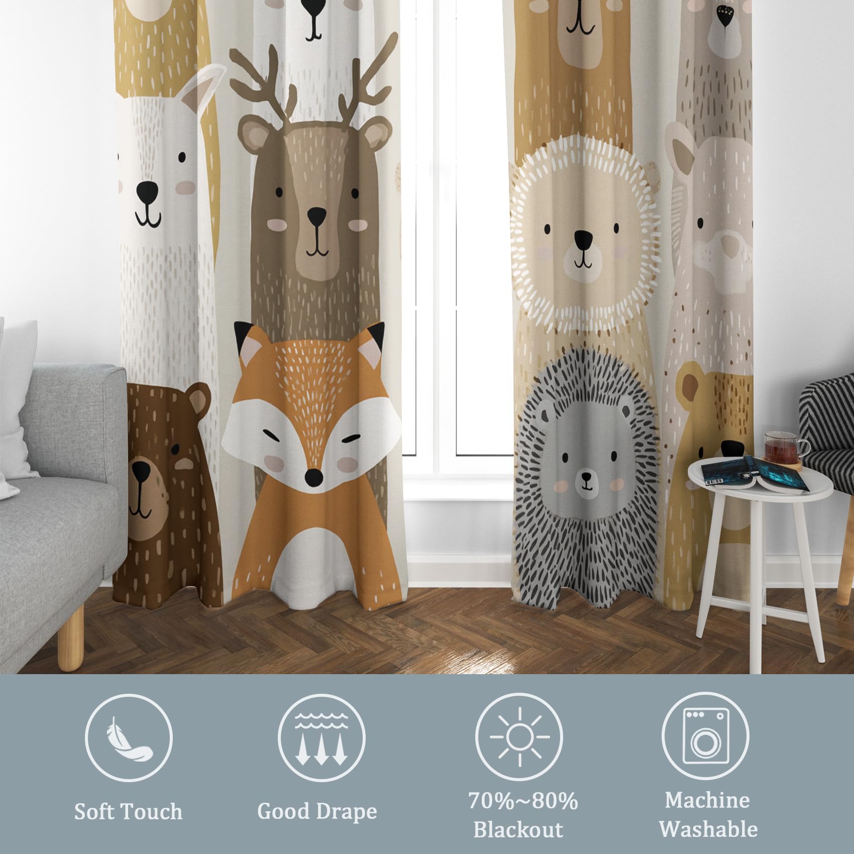 Generisch Cartoon Süße Tiere Vorhänge Blickdicht Gardinen mit Ösen, Kinder Waldtier Deko Muster Wohnzimmer Schlafzimmer Fenster Verdunklungsvorhänge, H 160 x B 140 cm 2er Set (1a5-111)
