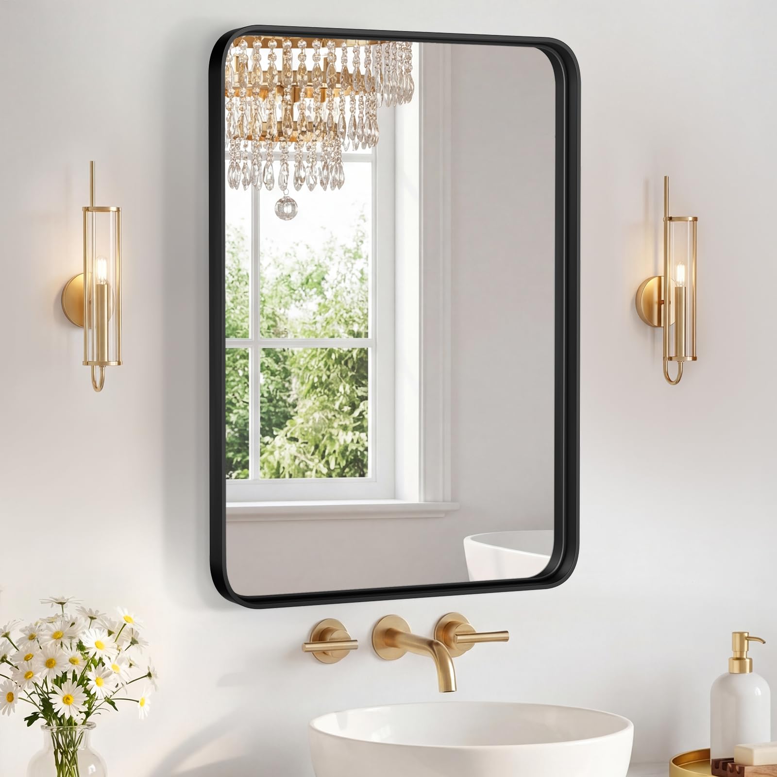 Sweetcrispy Bathroom Mirror 28x20 Inch Metal Framed Rounded Rectangle Vanity Mirror for Wall, Over Sink, Farmhouse, Restroom, Anti-Rust, Modern Decorative, Horizontal or Vertical Hanging, Black