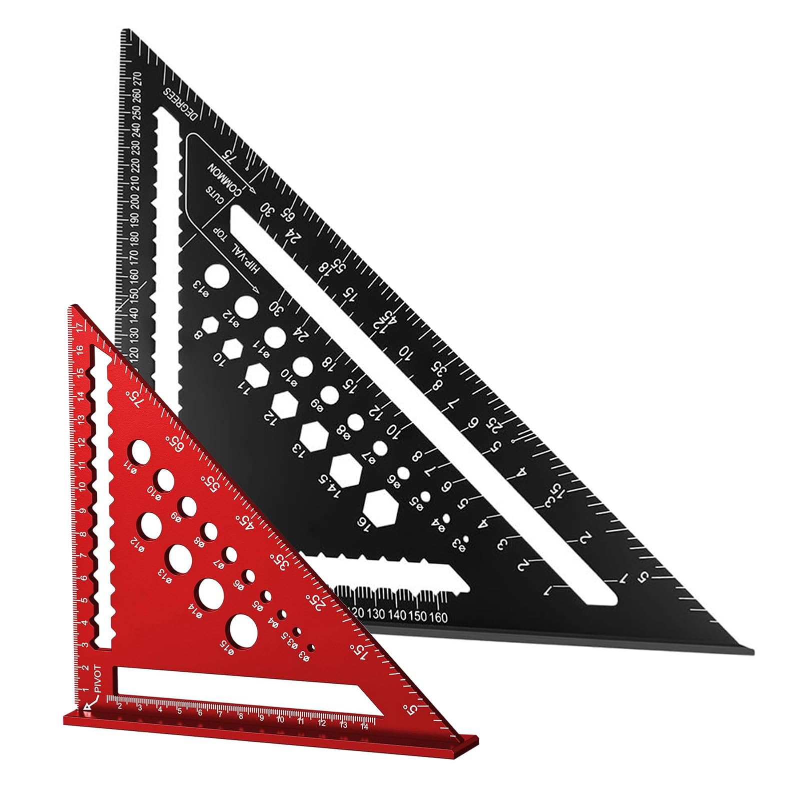 Speed Square Set, 2 Pcs Aluminum Alloy Carpenters Square Triangle Ruler 7 Inch & 12 Inch Metric Woodworking Ruler High Precision Protractor Layout Tool for Angle Measuring, Marking & Drilled Hole, Ide