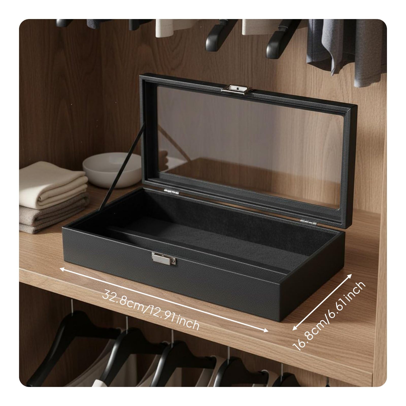 Boîte de Rangement pour Lunettes Organisateur Multi Paires Coffret Présentoir Couvercle Clair Doublure en Velours Simili Cuir Fermoir Robuste, Noir, Cuir