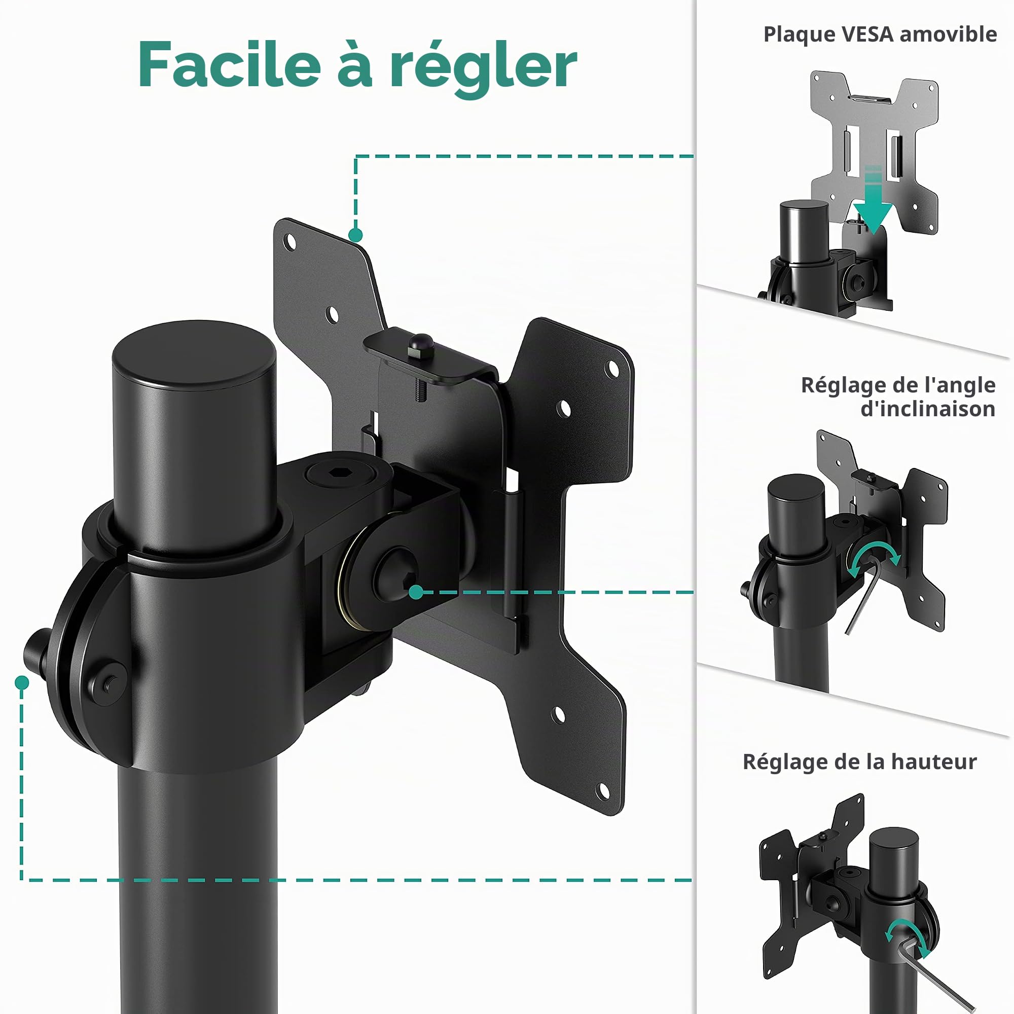 WALI Support Ecran PC Bras Simple pour Moniteurs jusqu'à 27 Pouces, Bras Ecran PC Entièrement Réglable, Support de Moniteur Poids Max 10KG (M001S), VESA 100 x 100 mm