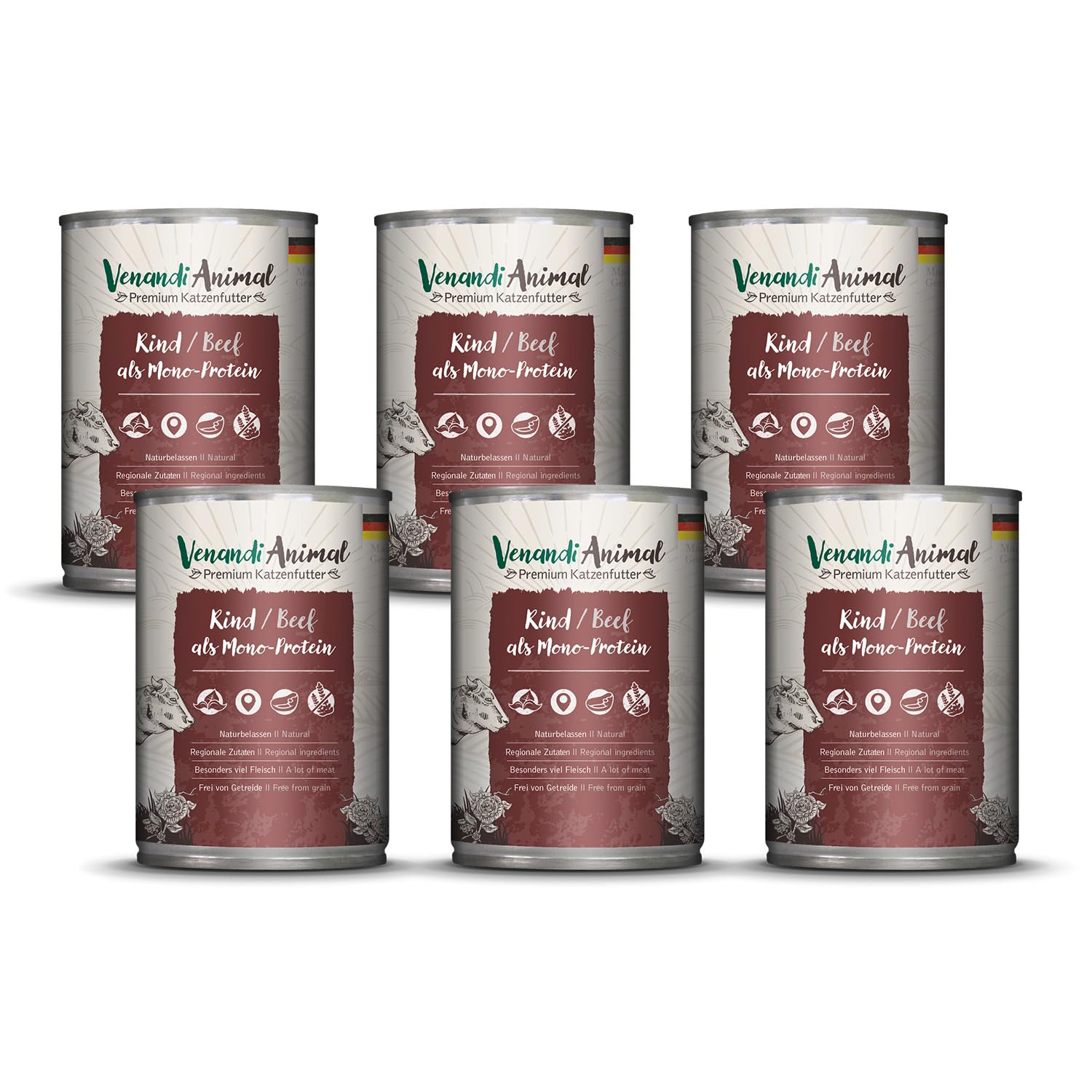 Venandi Animal Premium Cat Food, Beef as Monoprotein, Wet Food, Grain-Free and Natural, Pack of 6 (6 x 400 g)