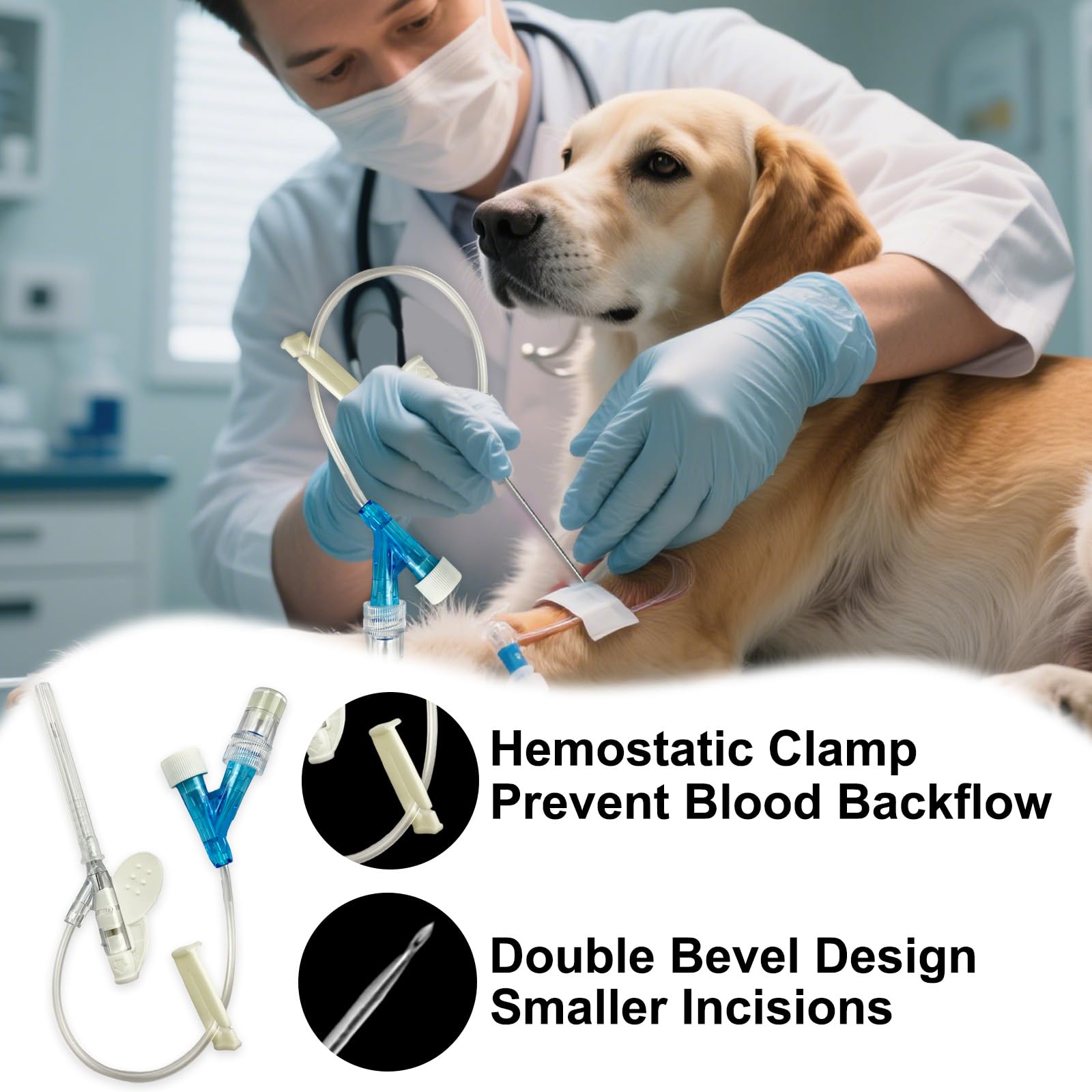 100 unidades de agujas veterinarias permanentes con tubo de extensión y pinza, catéter intravenoso veterinario, catéteres intravenosos veterinarios desechables, para animales de todos los tamaños.