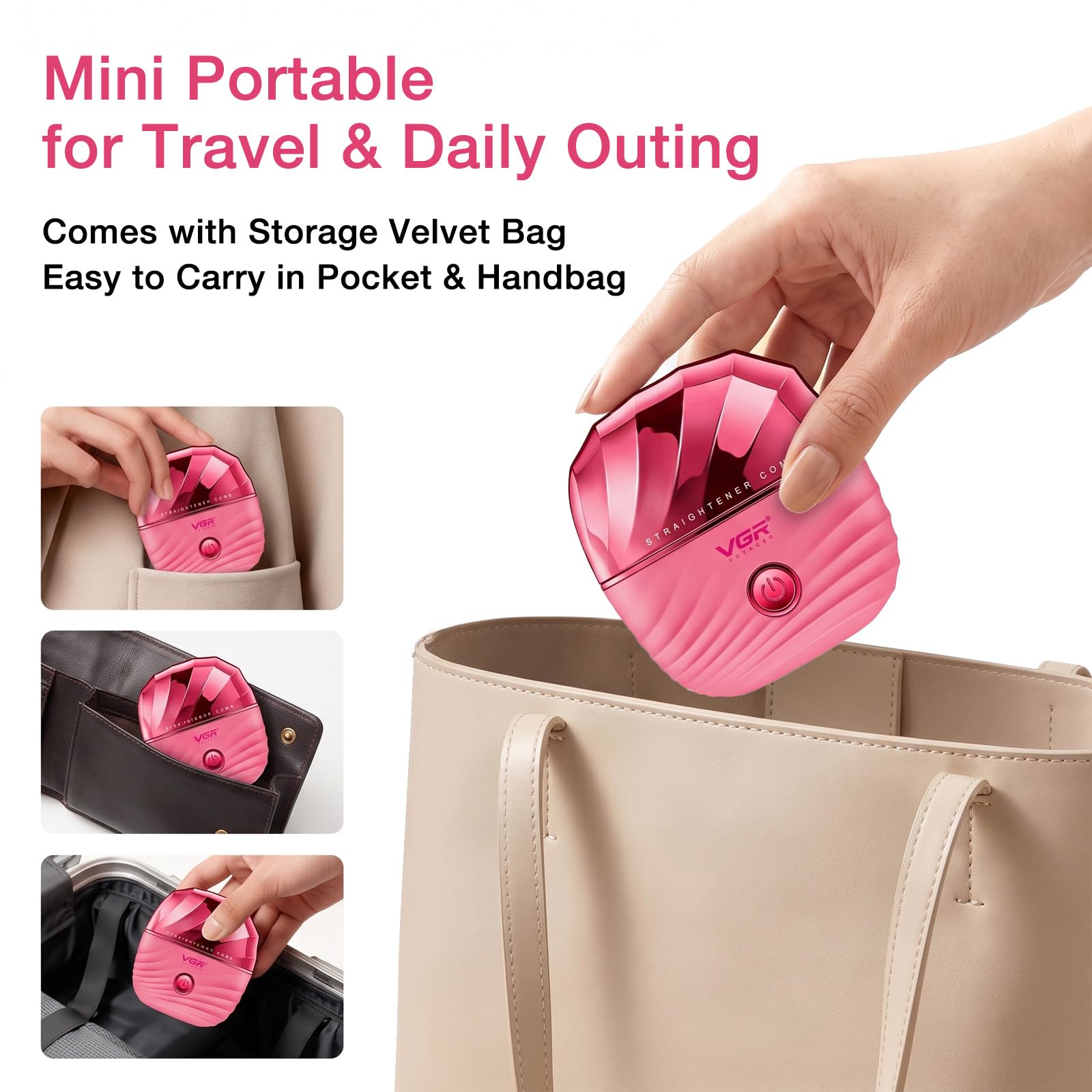 VGR 587 Spazzola Lisciante Senza Fili, Mini Spazzola Per Stiratura Capelli Con 2 Temperature Fino A 180°C, Ricarica USB, Denti Anti Scottatura, Con Borsa Per Il Trasporto Per Viaggi E Casa, Rosa