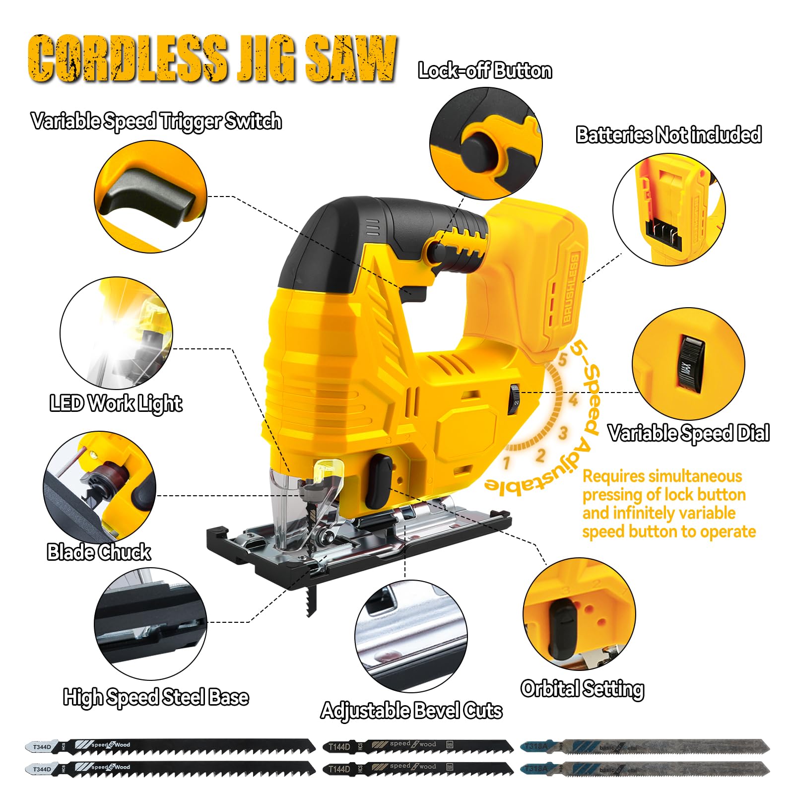 Wyrzynarka akumulatorowa do akumulatora Dewalt 18 V, 20 V, 800 W, 2700 obr./min, bezszczotkowe narzędzie do cięcia wyrzynarki, cięcie ścięte 45°, 4 orbitalne, z brzeszczotami do cięcia prostego