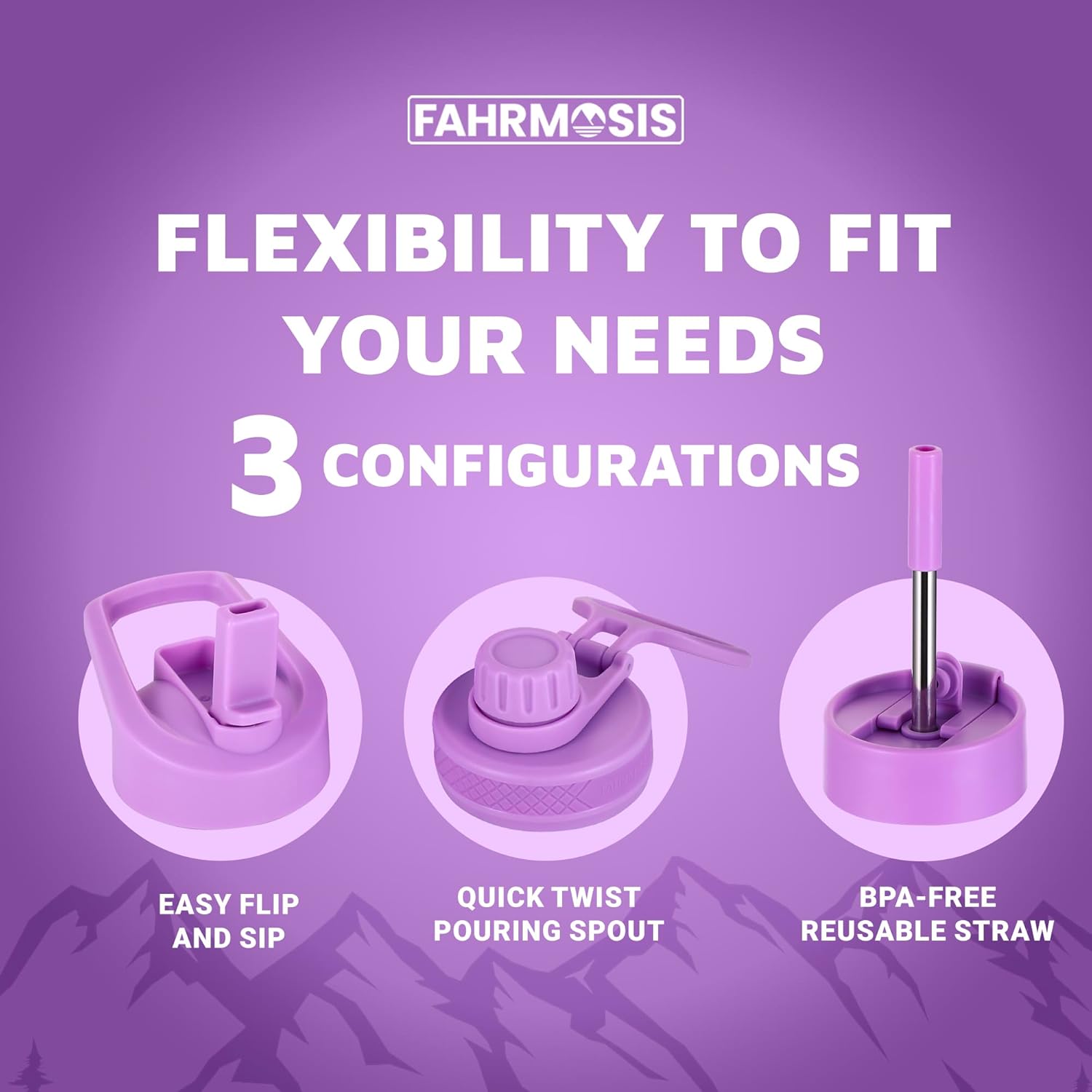 64 Oz Insulated Water Bottle with Strap Stainless Steel Sports Water Bottle with 3 Lids (Straw, Chug and Flip Lid) Leak Proof Metal Half Gallon Jug for Men & Women - Lavender - Image 4