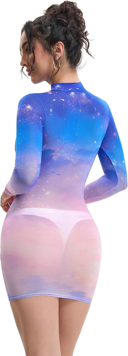 Women's 10D Sheer Nylon Spandex Starry Sky Print Mock Neck Long Sleeve Bodycon Dress - See-Through Party Clubwear - Image 2