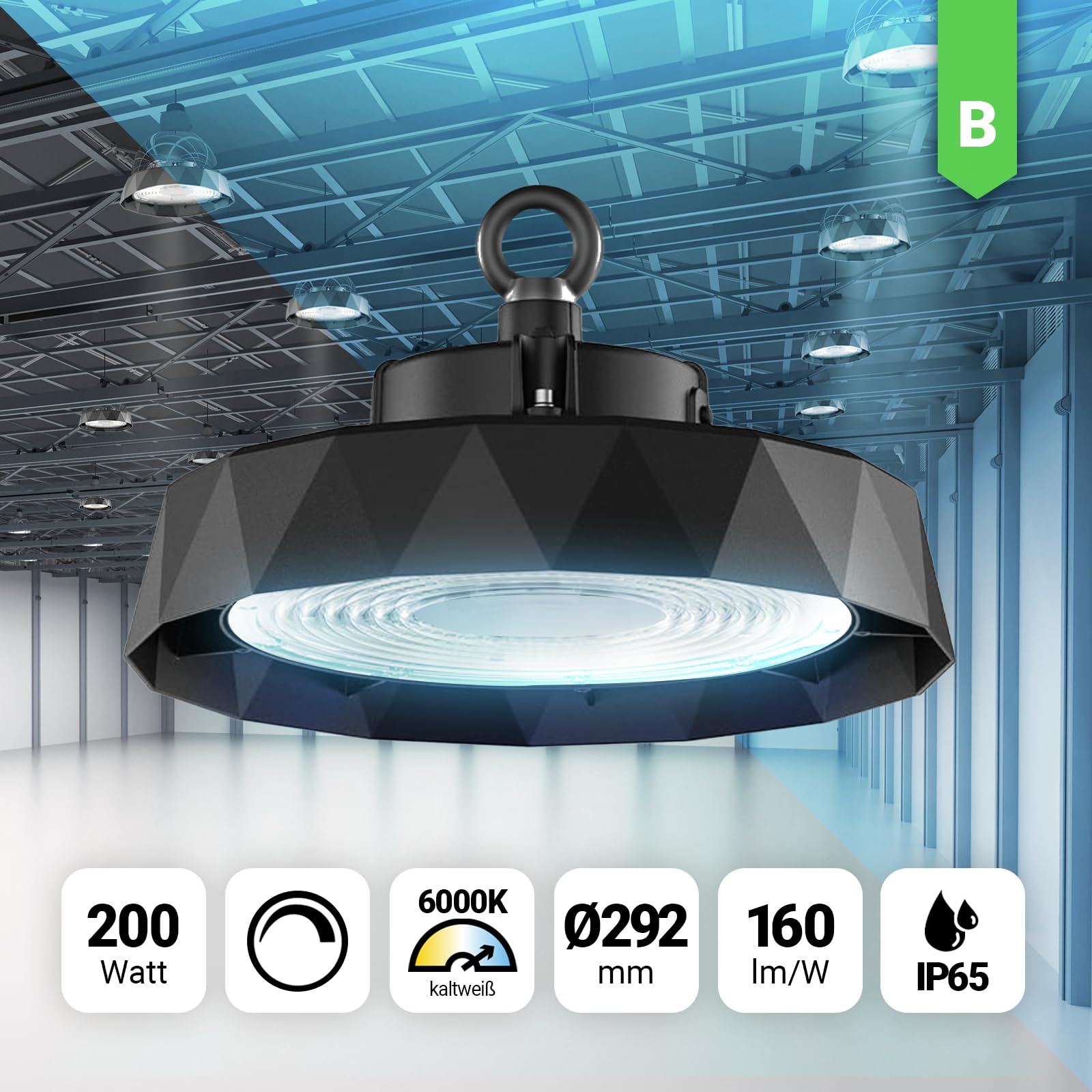 LED Hallenstrahler 200W 6000K Tageslichtweiß dimmbar 160lm/w energieeffizent Highbay Ufo Hallenbeleuchtung IP65
