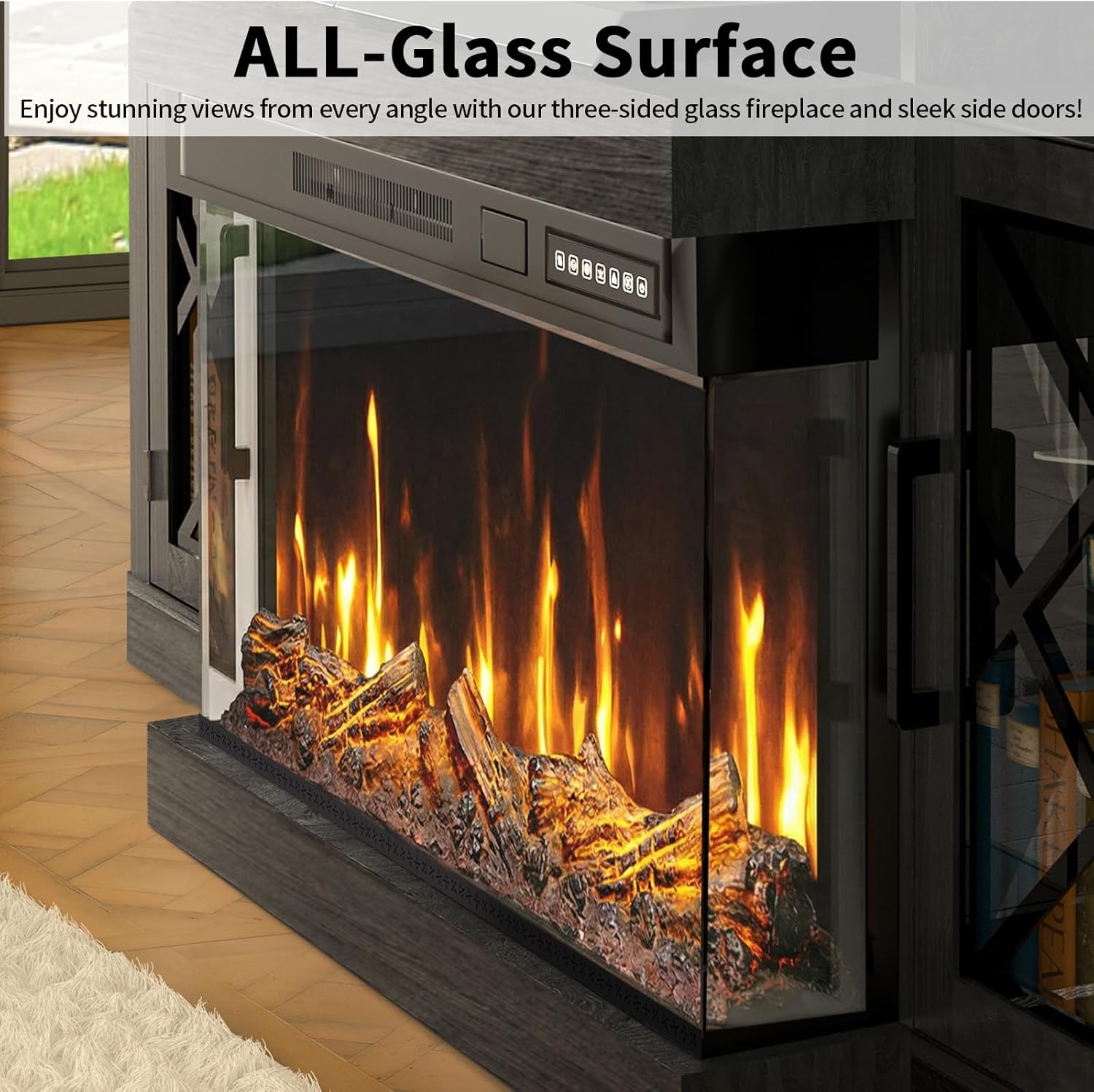 BREEZEHEAT Fireplace TV Stand for TVs up to 75", 3-Sided Electric Entertainment Center with 30" LED Fireplace, Media Console w/Storage Cabinet & Glass Doors, 65Inch, Black