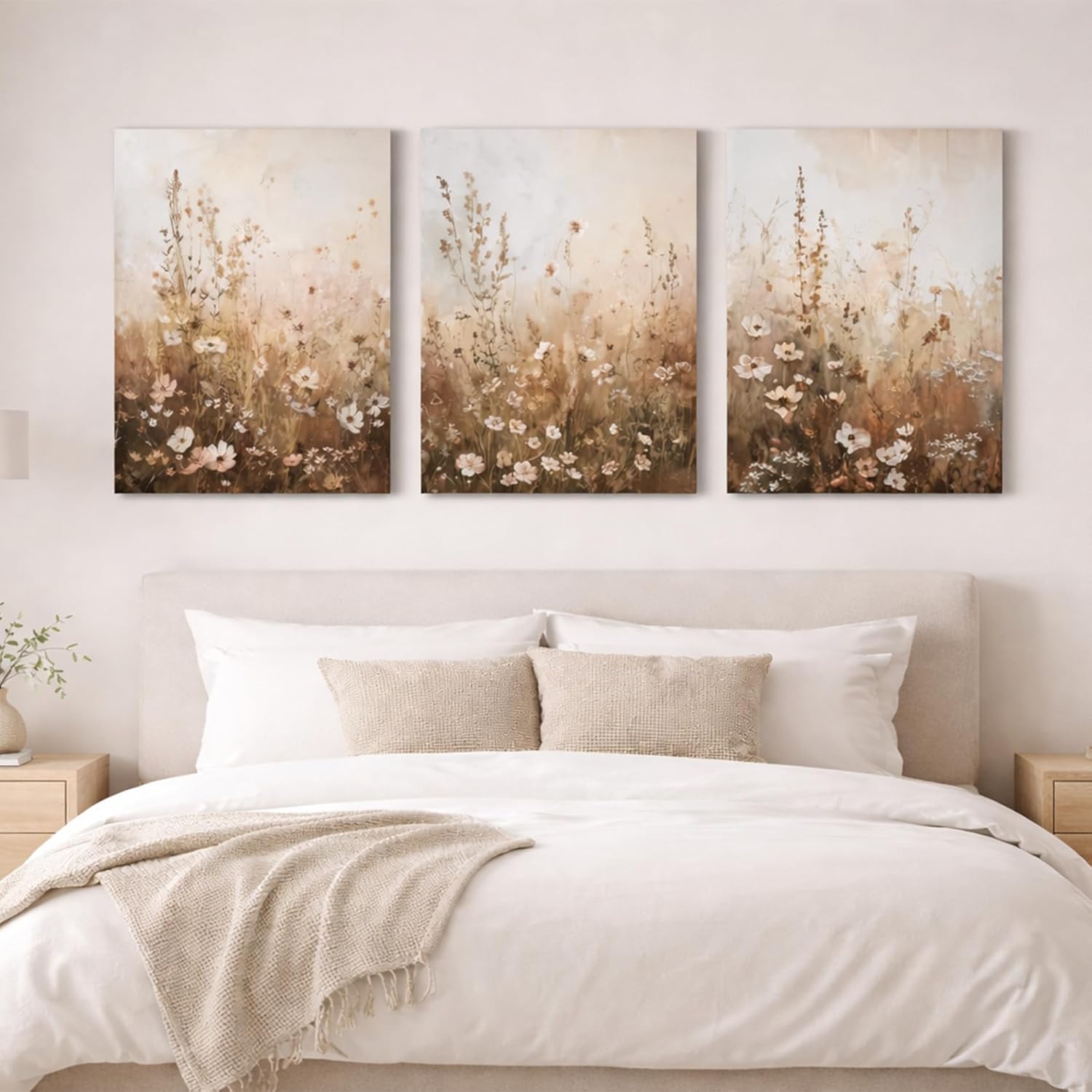 CHTEXA Wildflower Wall Art Canvas Set of 3, Rustic Neutral Botanical Prints, Beige Brown Meadow Artwork, Modern Farmhouse Nature Decor for Living Room, 16x24 Inch