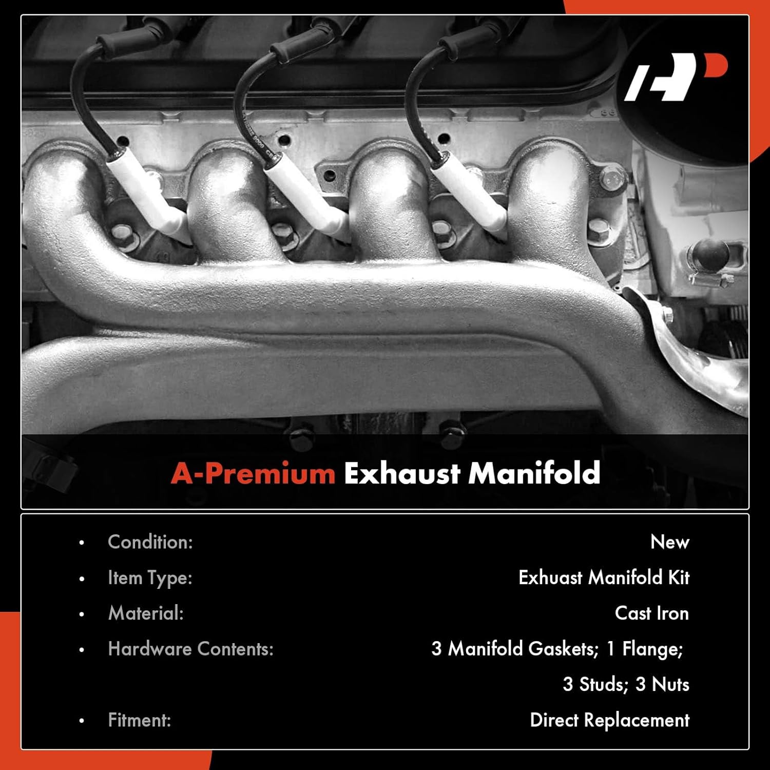 A-Premium Right Exhaust Manifold Kit W/Gasket, Studs, Nuts [8Cyl 5.0 5.7L] Compatible with Chevrolet Tahoe, Suburban, C1500, C2500, C3500, C1500 C2500 Suburban, K1500 & GMC Yukon & Cadillac Escalade