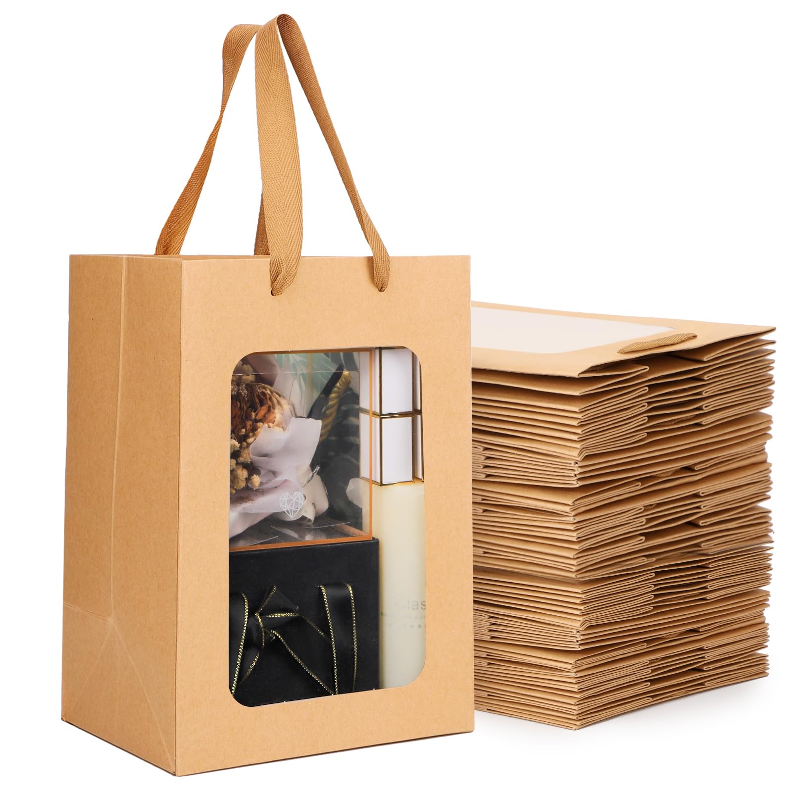 EUSOAR Kraft Bolsas de Papel con Asas - 50 Pack Bolsas Regalo con Ventana - 18x13x15cm Marrón Bolsitas Regalo para Cumpleaños - 180GSM Papel Gift Bags para Envoltorio