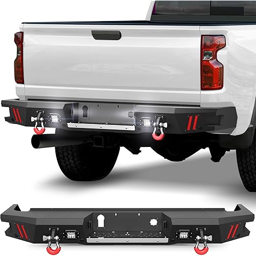 Rear Bumper Fit Chevy Silverado/GMC Sierra 2500/3500 2020-2026, Pickup Truck Bumper Black with Step Plate, D-ring and Lights (Compatible with Silverado/Sierra 2500/3500 2020-2026)