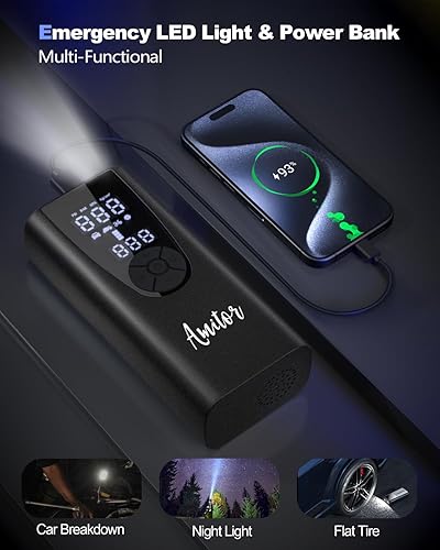 Miniatura 5 de Amitor Compresor de aire portátil para inflado de neumáticos 3 veces inflado rápido y batería de 7800 mAh Mini bomba inalámbrica máxima de 150 PSI