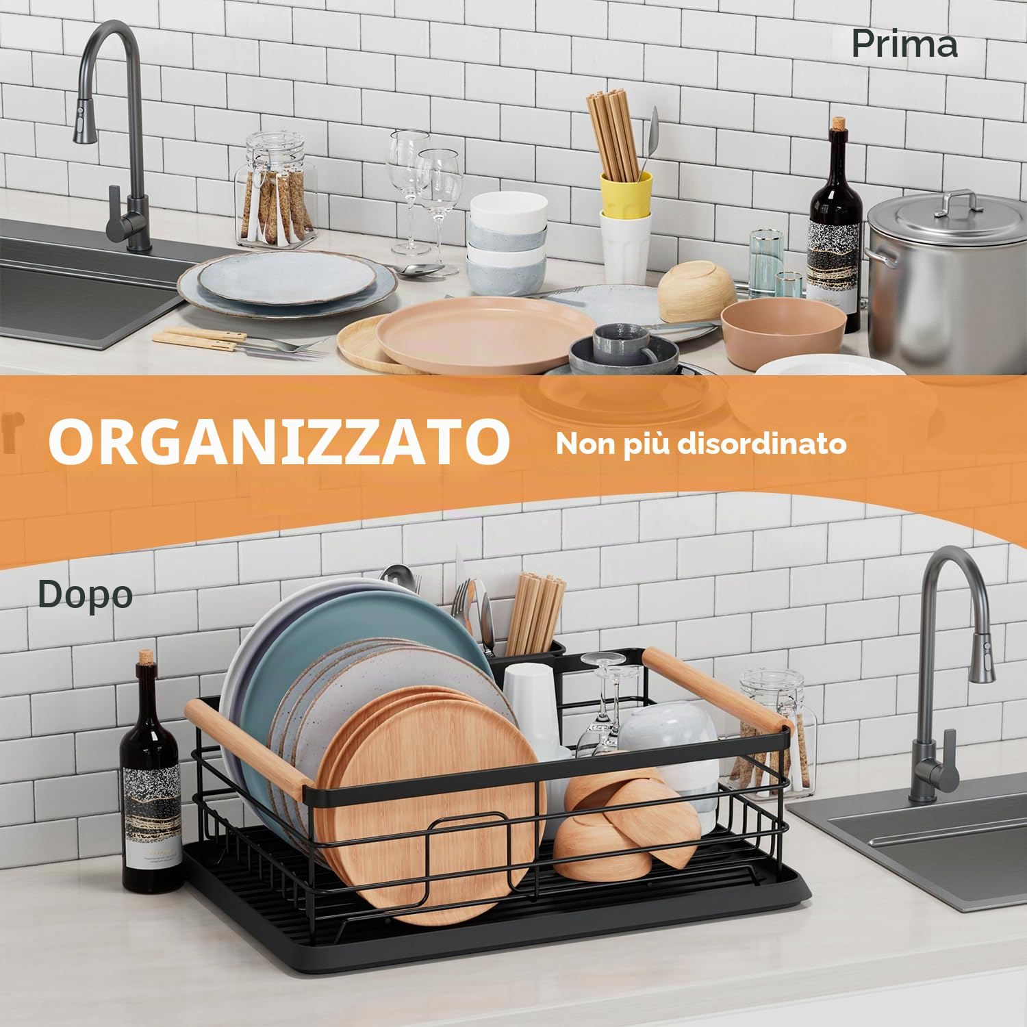 BRIAN & DANY Scolapiatti da Appoggio con Manico in Legno, Nero, 42 × 30 × 15 cm