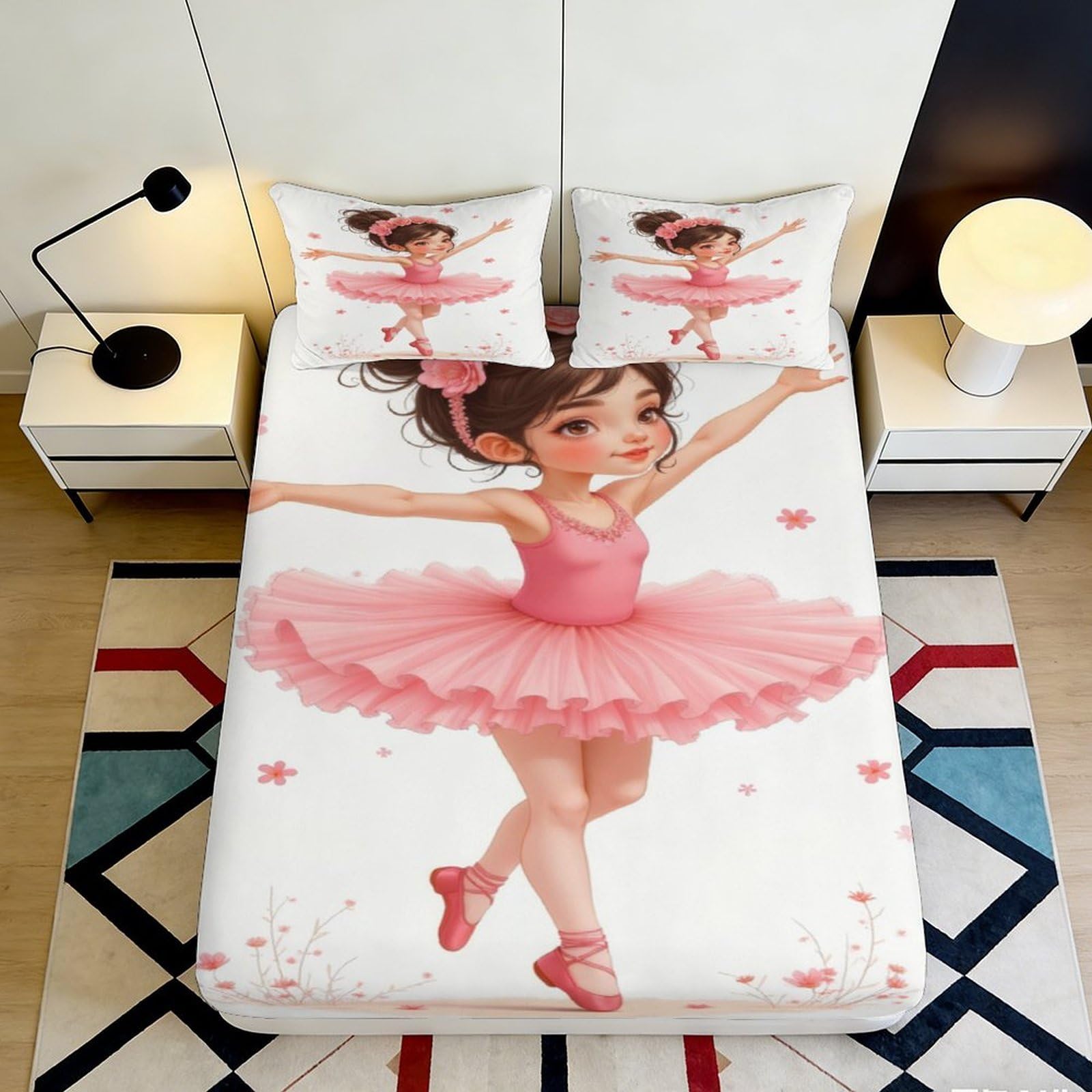 3D Printed Ballerina Girl Fitted Sheet Microfiber Soft Breathable Ballet Dress Bed Cover for Bedroom Dormitory Guest Room Mattress Protection Decor 180x200x25cm