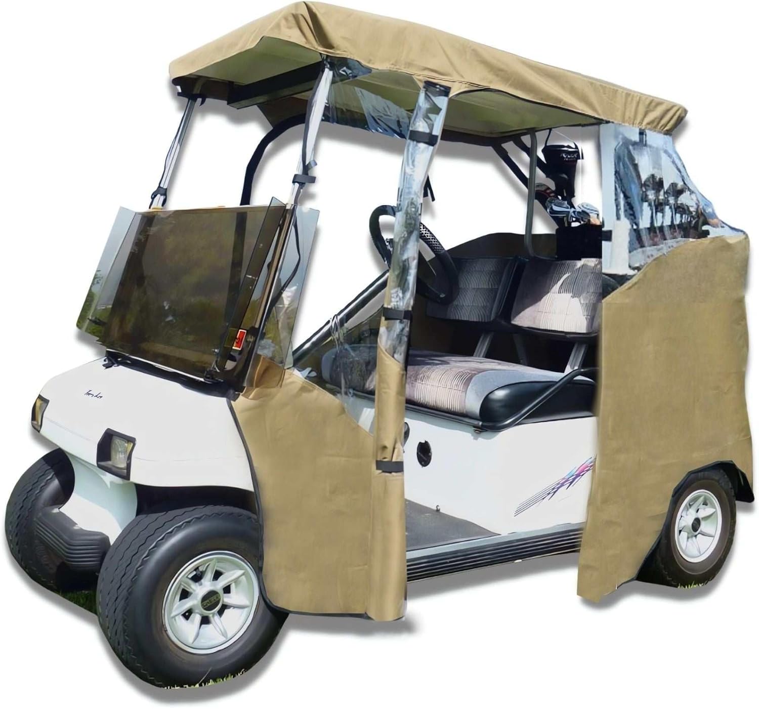 Formosa Covers 2 Passenger Golf Cart Cover Drivable Enclosure - Easy to Install - Won't Scratch Windshield - Zippered Door - Fits EZ Go, Club Car with Standard Roof Up to 58" L