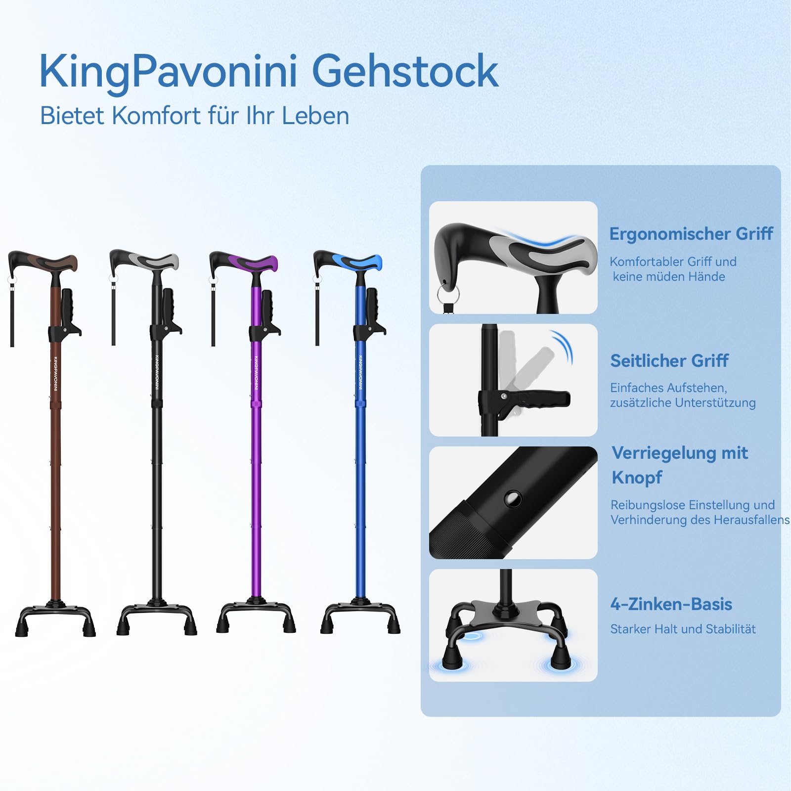 KingPavonini Gehstock für Damen und Herren mit zweitem Griff, faltbar und Verstellbarer Quad-Stock mit 4-Zacken-Basis zum Stehen, Gehstock klappbar für Senioren und Erwachsene