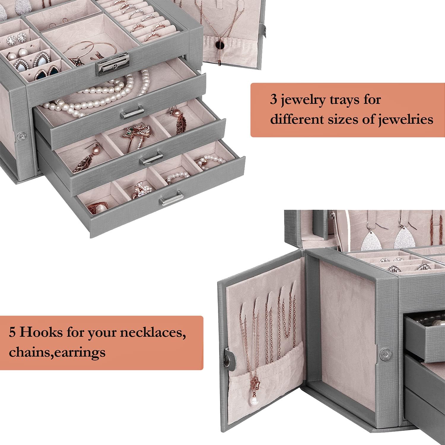 BEWISHOME Jewelry Organizer Box with 3 Drawers, Jewelry Box for Women Girls Necklace, Rings, Earrings Display Case with Lock Mirror for Dresser Grey SSH59H : Clothing, Shoes & Jewelry