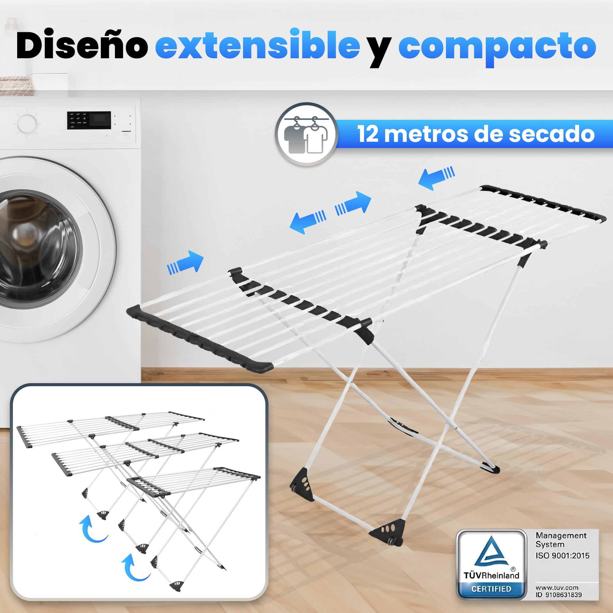 Tendedero Extensible y Plegable de Aluminio Resistente a la corrosión– Tenderete de Ropa Portátil con Capacidad de hasta 18 metros de Secado – Compacto y Resistente – Ideal Interior y Exterior