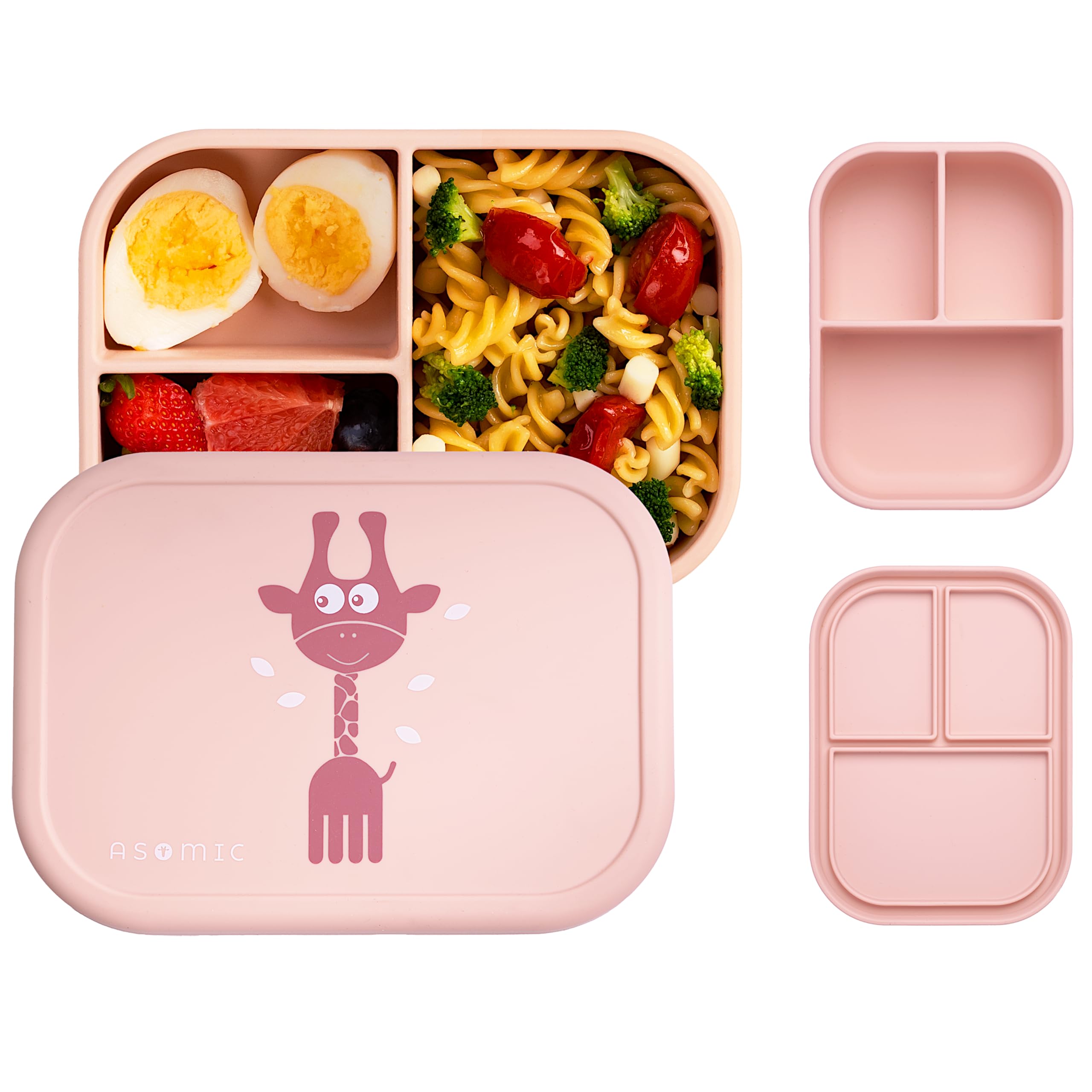 ASOMIC Silicone Bento Lunch Box for Toddlers & Kids, Leakproof & BPA-Free, 3 Compartments, Microwave & Dishwasher Safe, Ideal for Daycare, Preschool & Baby Meals (Blush)