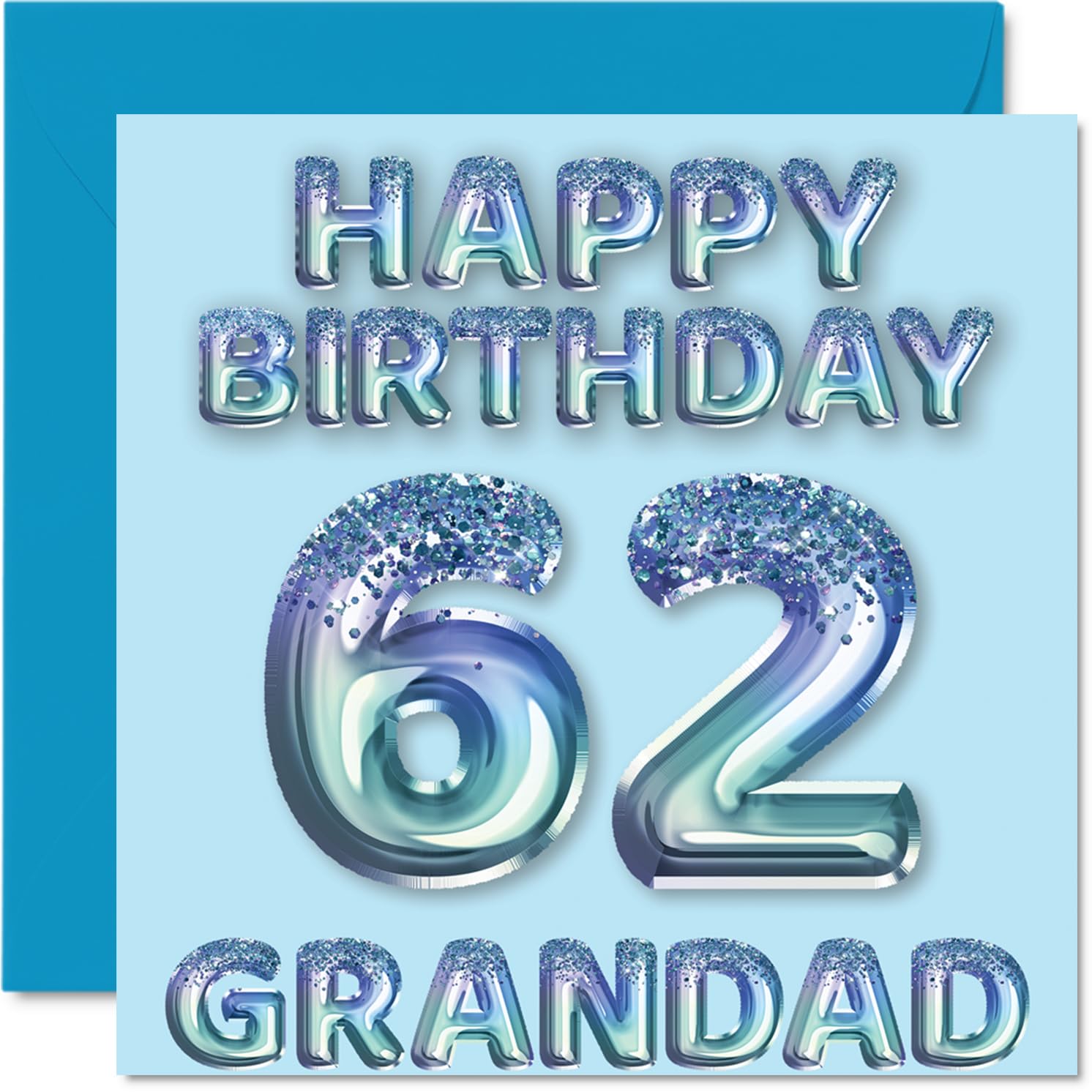 62nd Birthday Card for Grandad, Blue Glitter Party Balloons