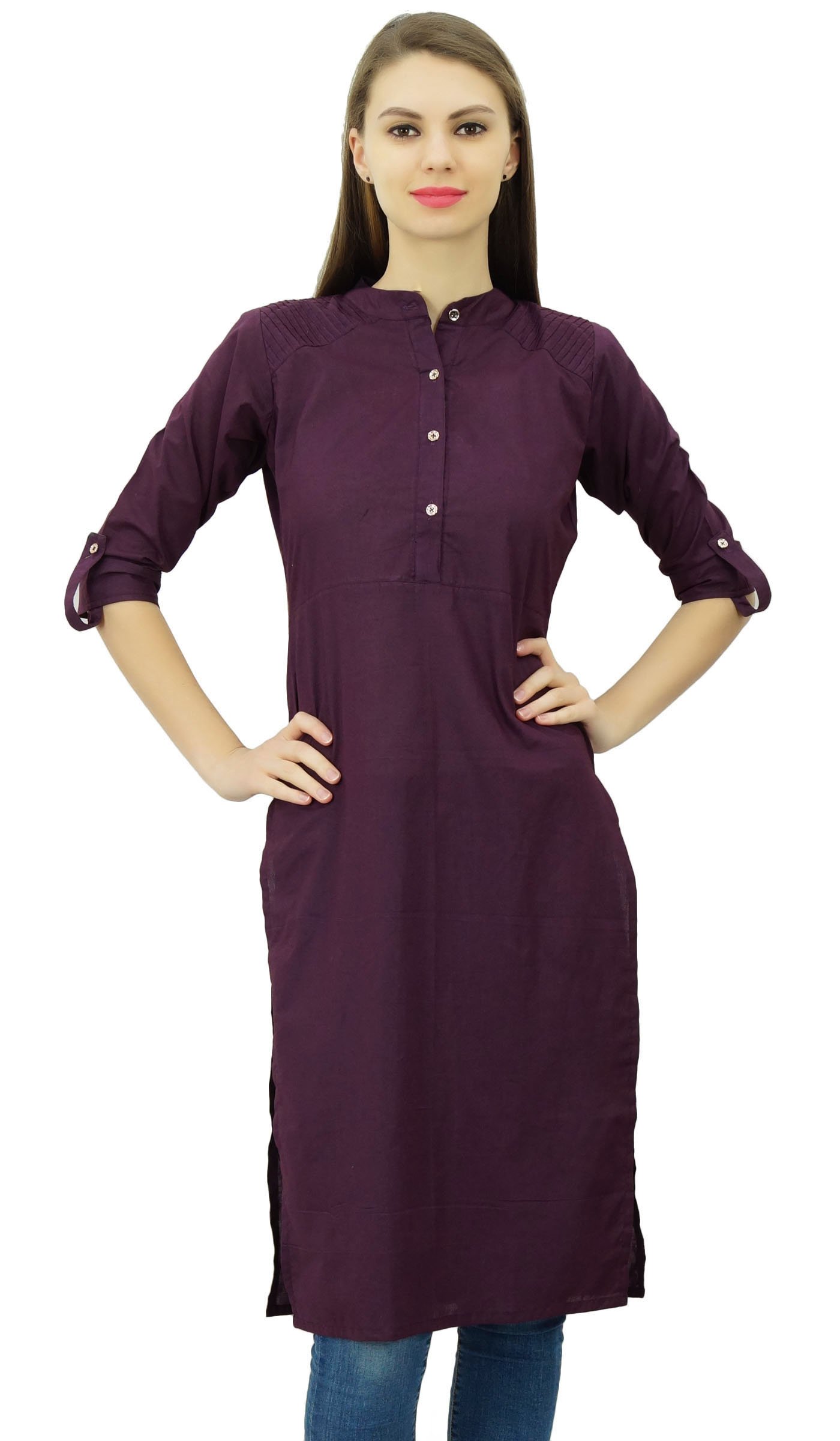 Phagun Cotton Plain Kurti Tunic Mandarin Collar Ethnic Casual Kurta Blouse Purple