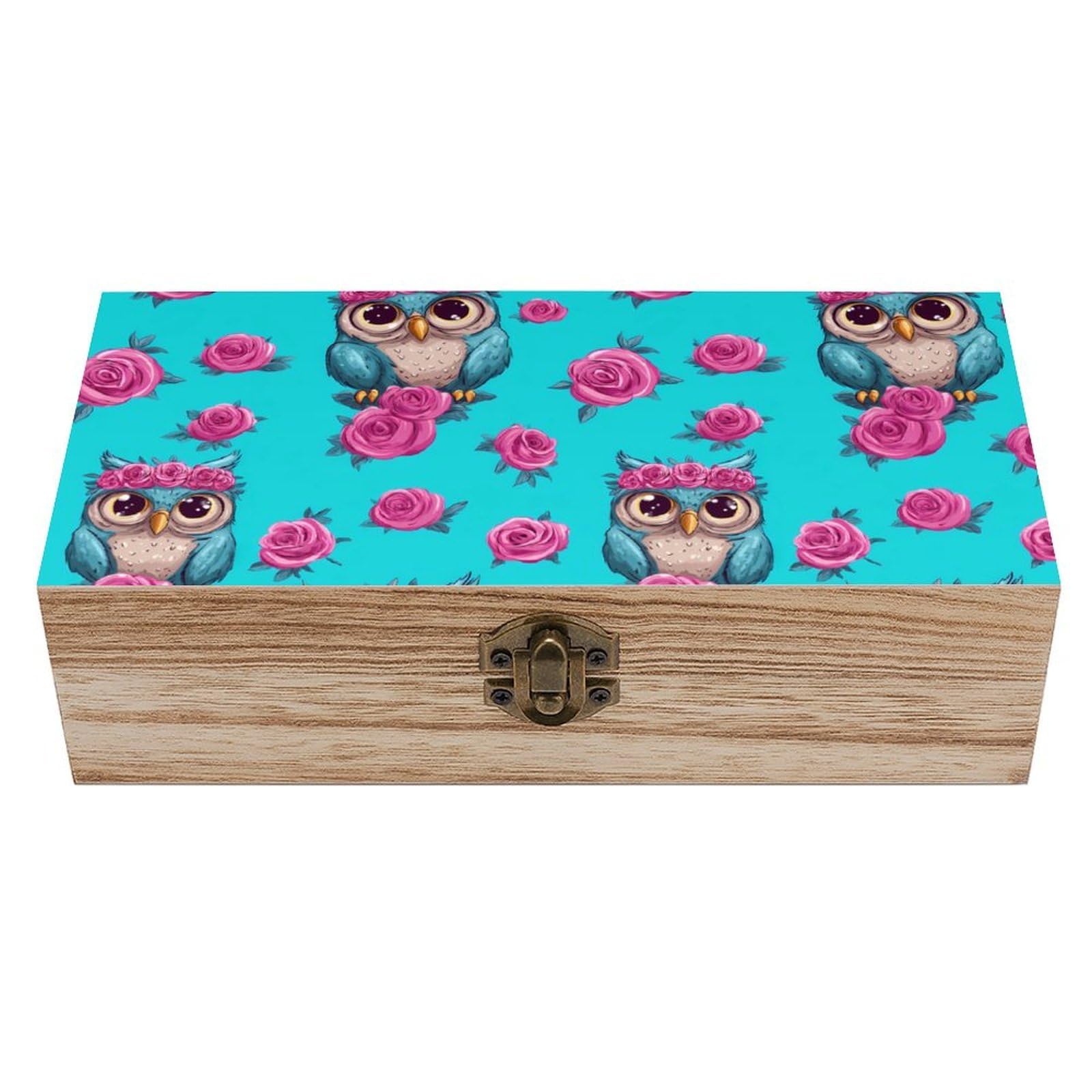 HLBSDM Owl Rose Flower Wooden Box with Hinged Lid Decorative Storage Case Container