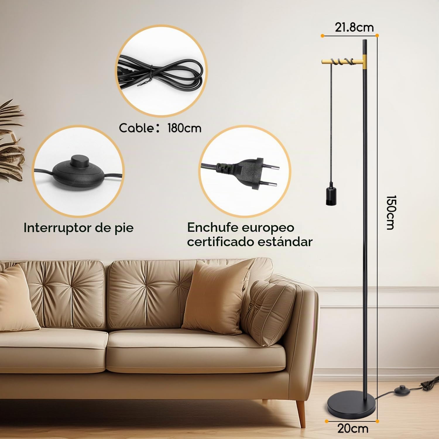 Aigostar lámpara de pie retro E27, lámpara de pie de metal para salón(sin bombilla), Lámpara de pie colgante con cable de 180cm y interruptor de pie, en color negro/dorado, 2pcs