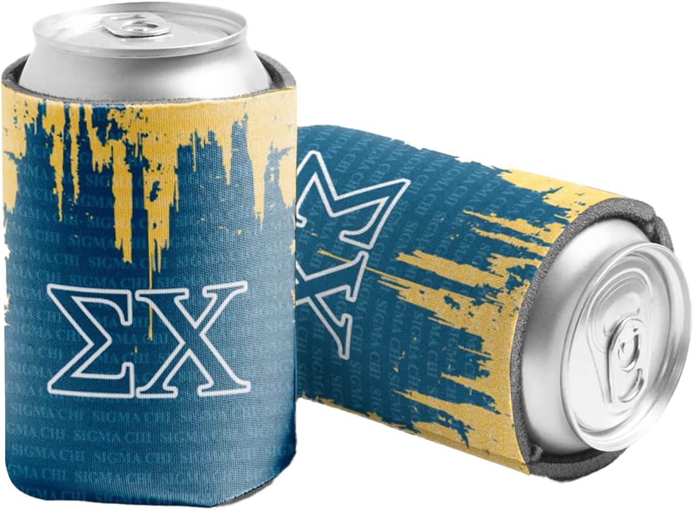 VictoryStore Sigma Chi Can Coolers – Set of 12 Fraternity Drink Sleeves for 12 oz Cans – Full-Color Yellow and Blue Greek Letter Design – Reusable Beverage Holders for College Events and Parties