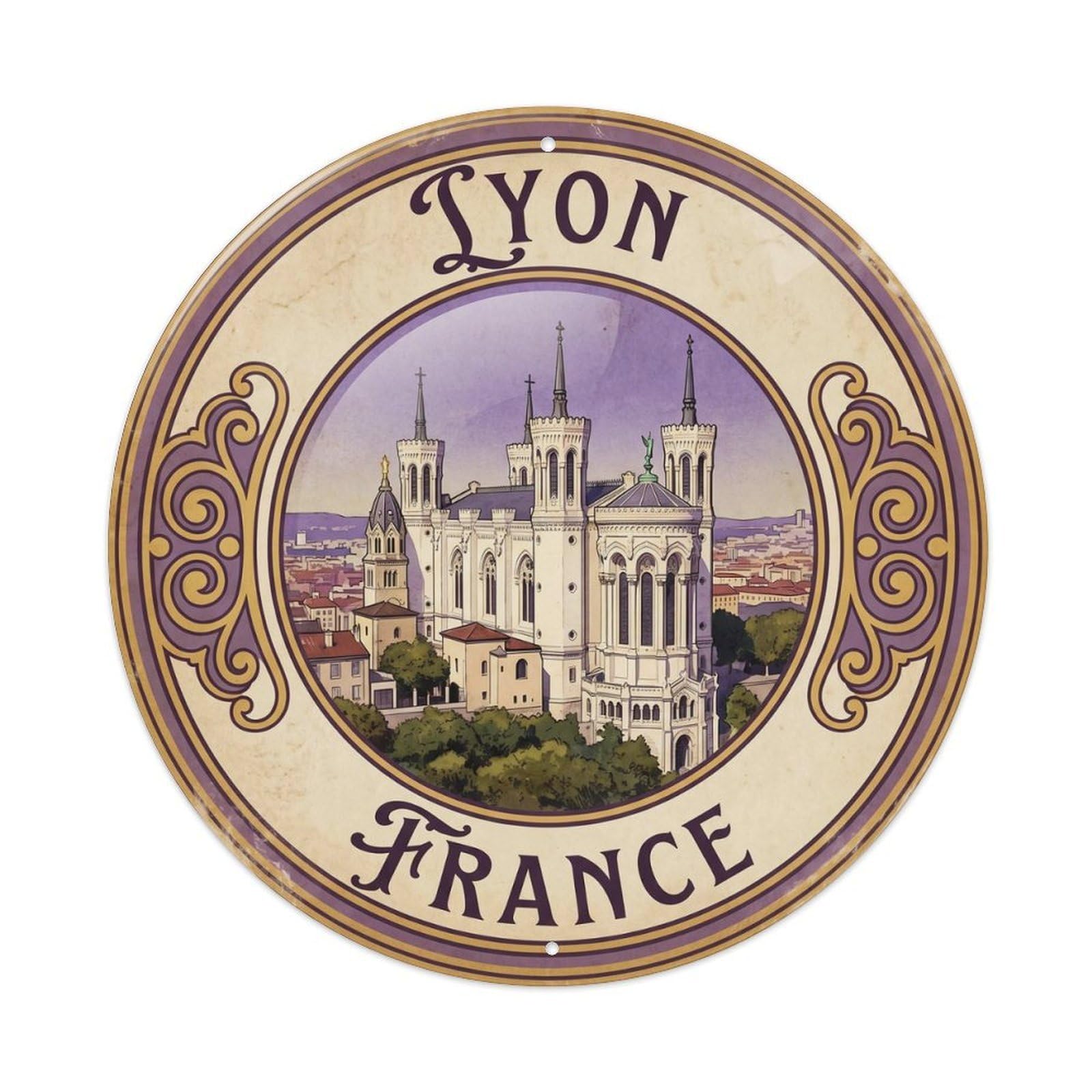 Travel Retro France Lyon Round Vintage Metal Tin Sign Plaque Wall Decor for Cafe, Club Bar, Office, Garden Metal Poster 8x8Inch
