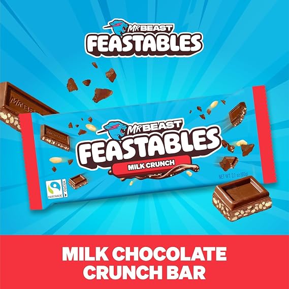 MrBeast Feastables Milk Chocolate Combo Pack, 20 Count, King Size, 2.1oz | Milk chocolate & crunch candy bars, fairtrade cocoa, ships cold, clean ingredients, no additives, sharable, snacks, gifts