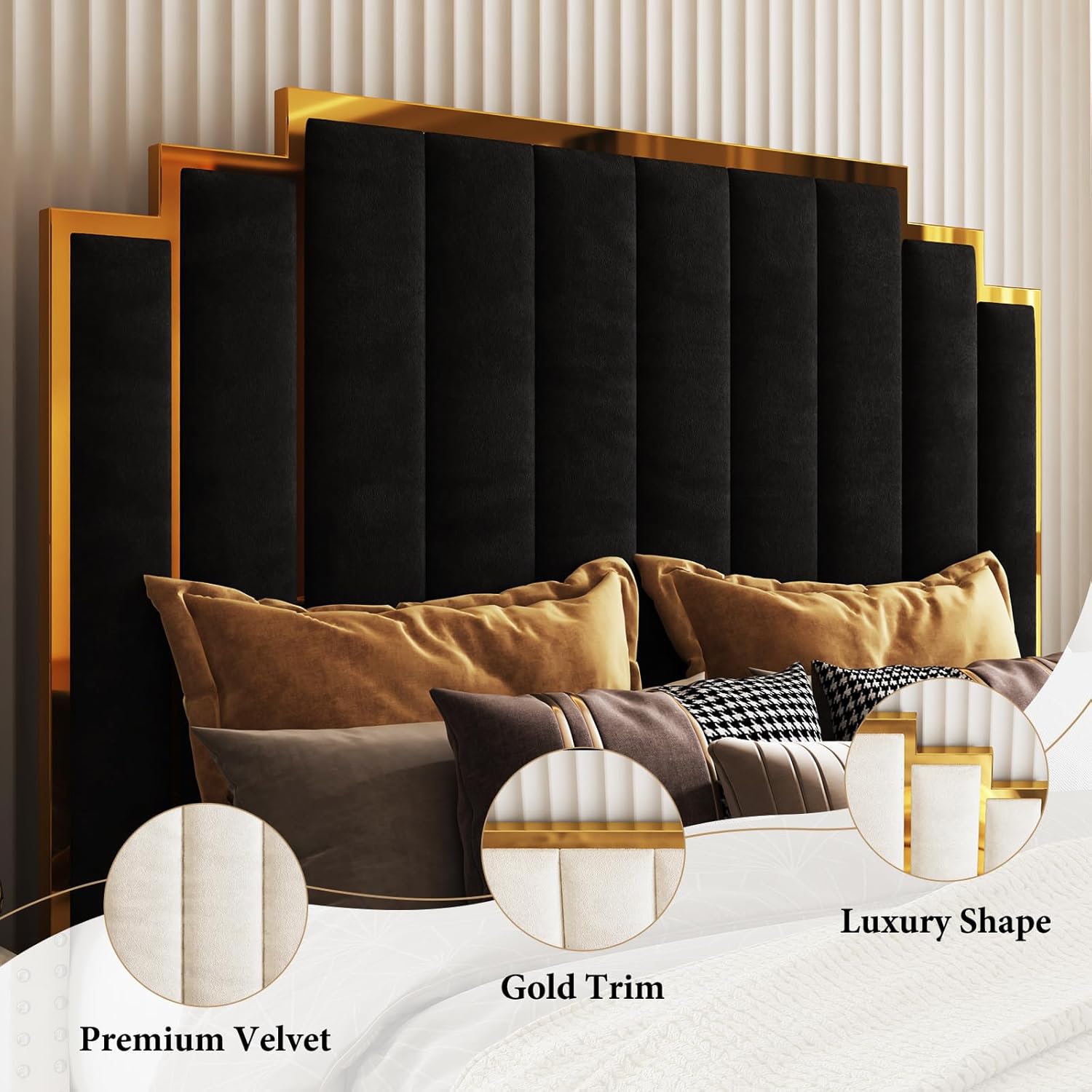 AMERLIFE King Size Upholstered Bed, Modern Velvet Bed Frame with 65.4” Tall Gold Trim Headboard, No Box Spring Needed, Black
