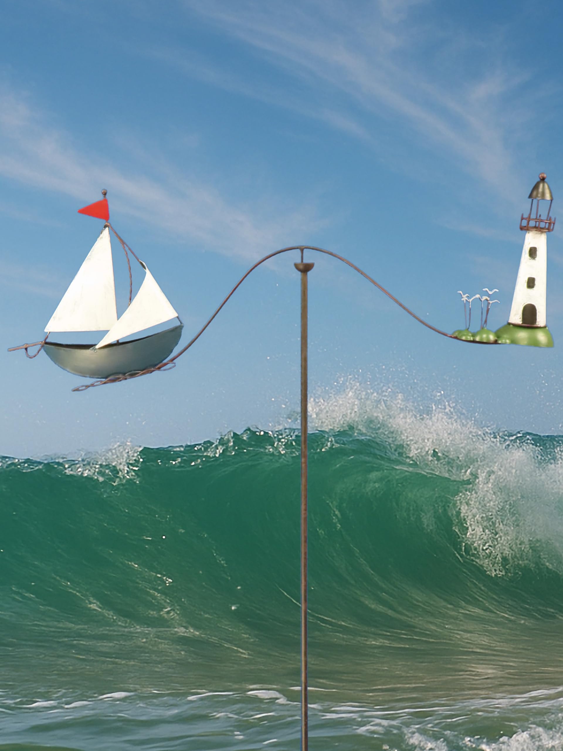 Pommerntraum ®| Windspiel Gartendeko Leuchtturm Möwen Segelboot Maritim | Gartenpendel Gartenstecker Nautik Segelschiff Segelyacht Vogel Vögel Küstenfans Segler Skipper SEGELBOOT + LEUCHTTURM + MÖWEN