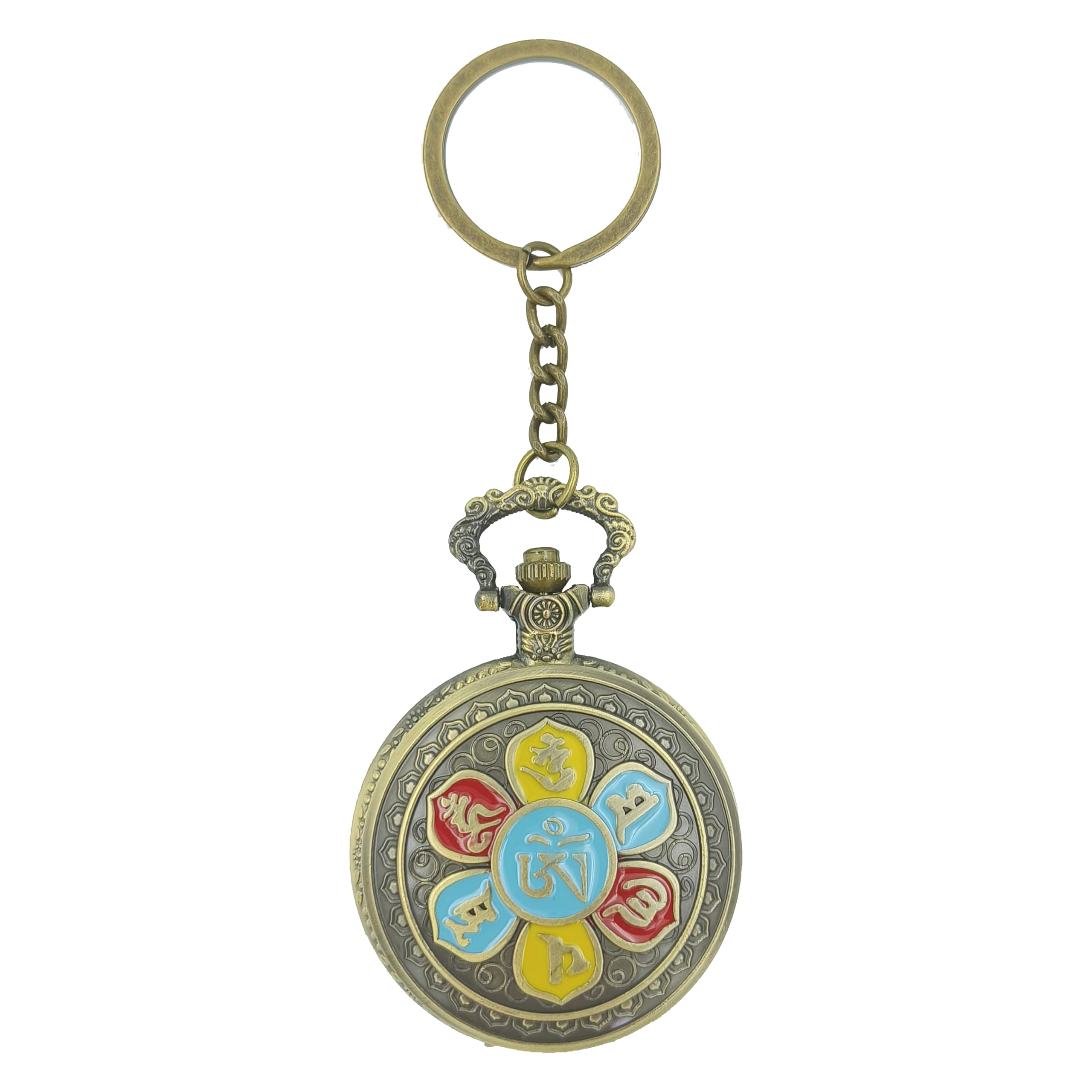 Premium Pocket Watch Tibetian Buddhist Om Mani Padme Hum Prayer Wheel Antique Key Chain Vintage Bronze Analog Pocket Watch Stainless Steel Metal Car Bike Home Keychain With Key Ring Anti Rust Gift For Men & Women