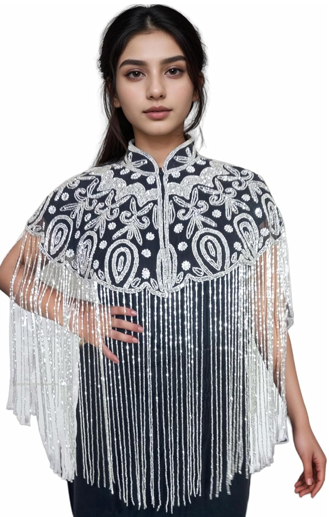 jedco Women's Net Cape Poncho Top, Black Gold, Round-Neck, Embroidered, Short Length-picture-27