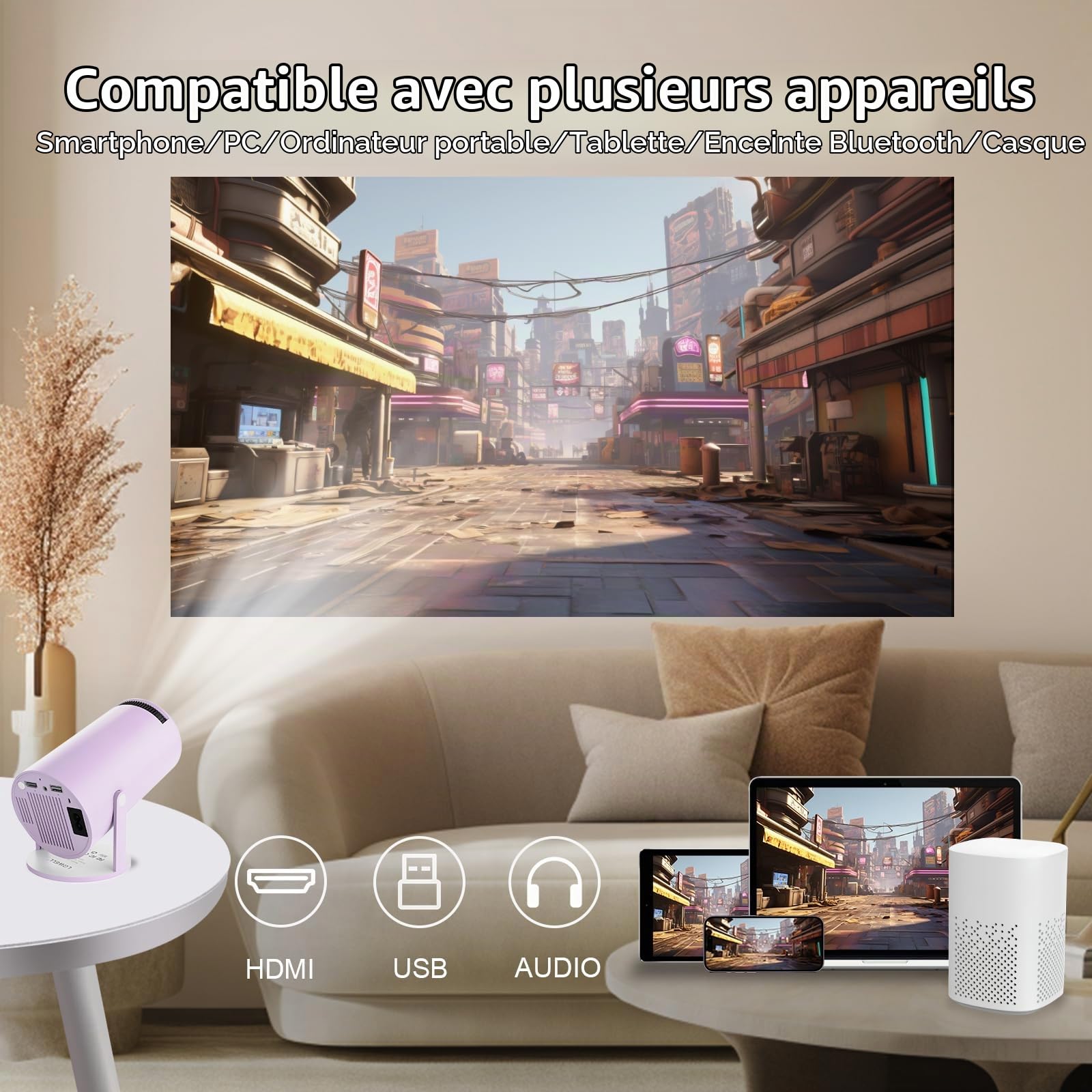 LQWELL® Projecteur, Mini Projecteur, Prend en Charge WiFi 5G Et BT5.0, Keystone Automatique, 220 DegrÉS pour TÉLÉPhone/PC/Ordinateur Portable, Violet (Pas De SystÈMe D'exploitation Android)