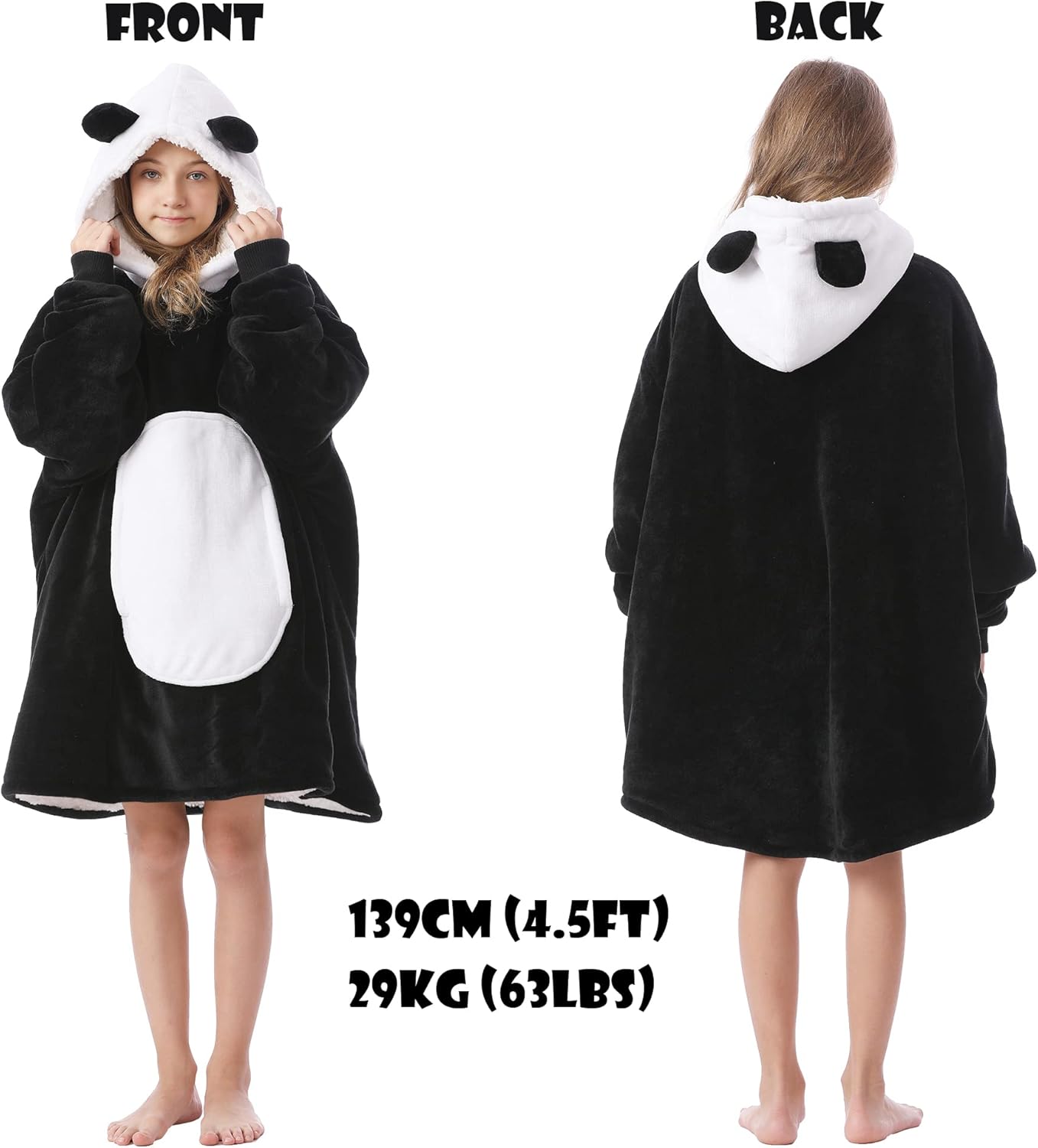 Kipswiza Panda Blanket Hoodie for Kids 6-13 Birthday Gifts, Soft Cozy Sherpa Oversized Wearable Blankets Big Hooded Sweatshirt with Ears & Pockets for Girls Boys (Black & White) - Image 2