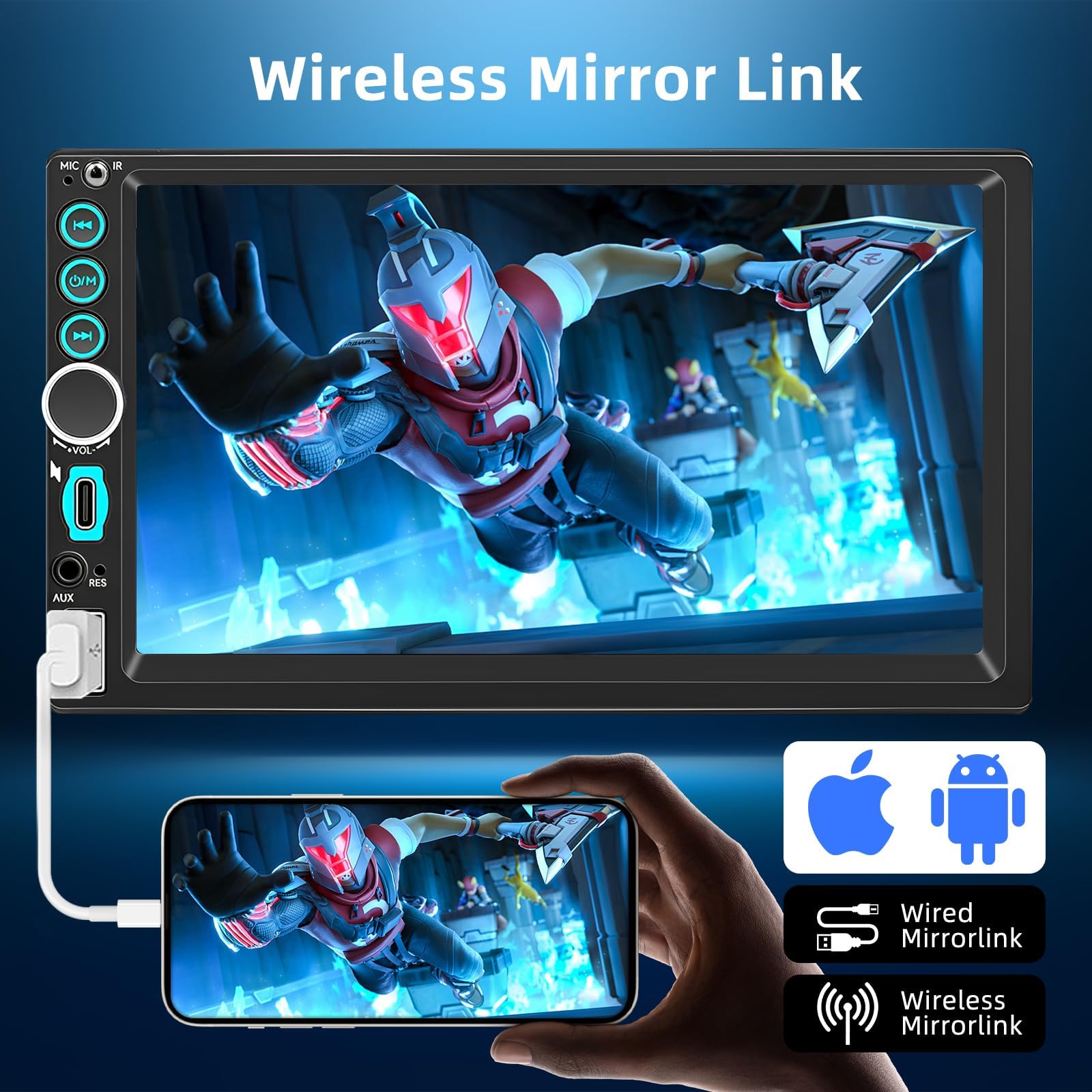 Autoradio 2 DIN Bluetooth avec CarPlay & Android Auto sans Fil, Double Din 7 Pouces HD Écran Tactile, FM Radio, Miroir Link, Caméra de Recul, EQ, Type-C, USB, SWC, Navigation GPS, Contrôle Vocal