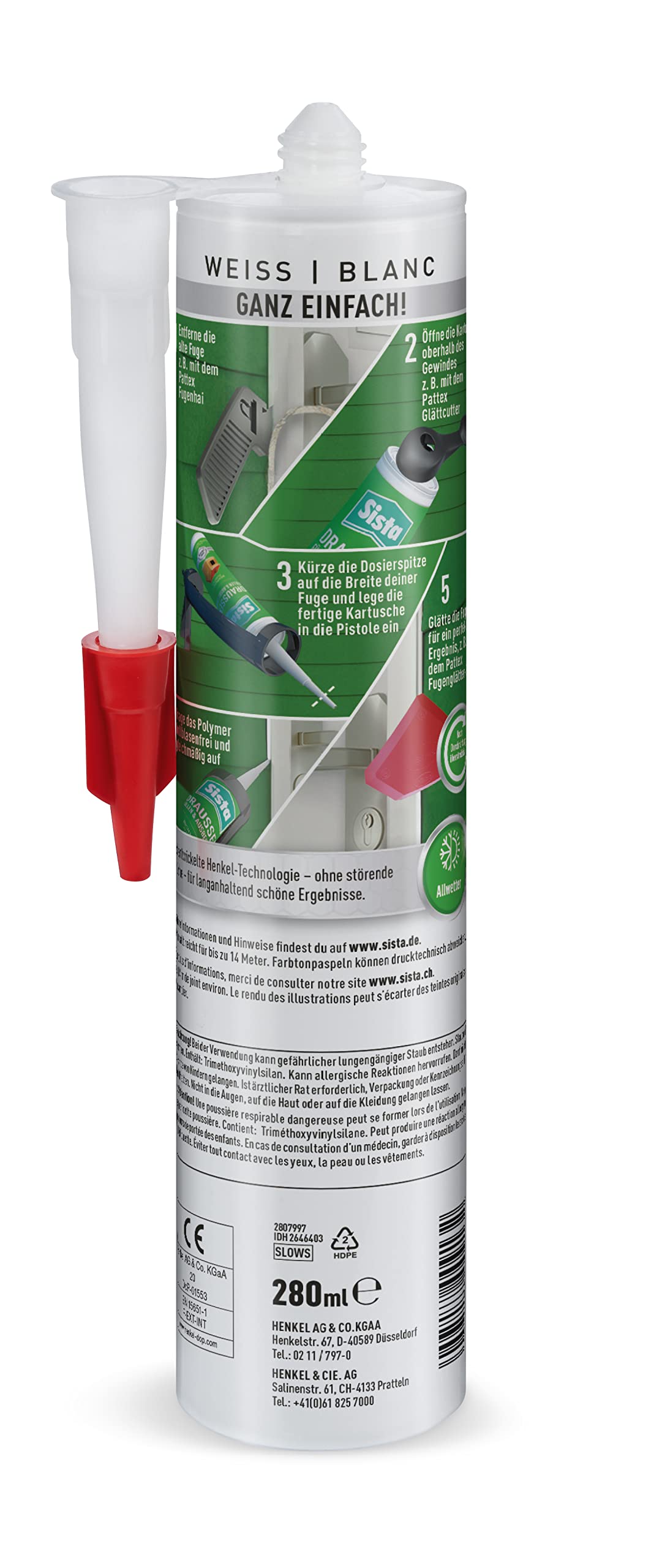 SISTA DRAUSSEN Füllen & Ausbessern, weißer Polymer Dichtstoff für den Außenbereich, wetterfestes Abdichten mit überstreichbarem Fugenfüller, 12x280ml Kartusche