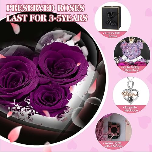 Miniatura 5 de ADDWel Regalos para mamá de hija e hijo, idea de regalo de cumpleaños para mamá de parte de niños, rosas reales preservadas únicas con collar de
