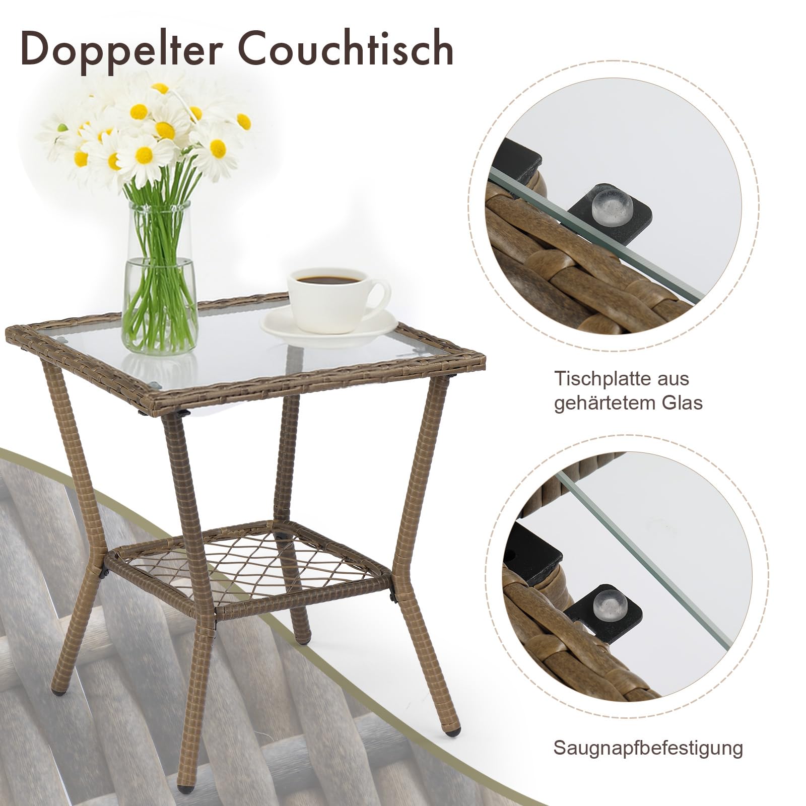 LEADZM Gartenmöbel Set für 2 Personen，Polyrattan Balkonmöbel 3-teiliges Set, Wetterfest, Komfortabel & Lässig, 2 Schaukelstühle & Tisch, für Garten, Balkon, Terrasse,Beige