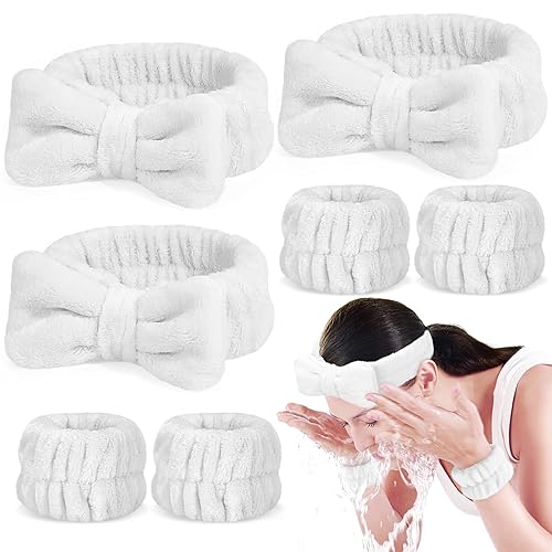Crosize Juego de 7 diademas y muñequeras para mujer, lindas diademas para el cuidado de la piel de spa para lavar la cara, diadema de tela de rizo y