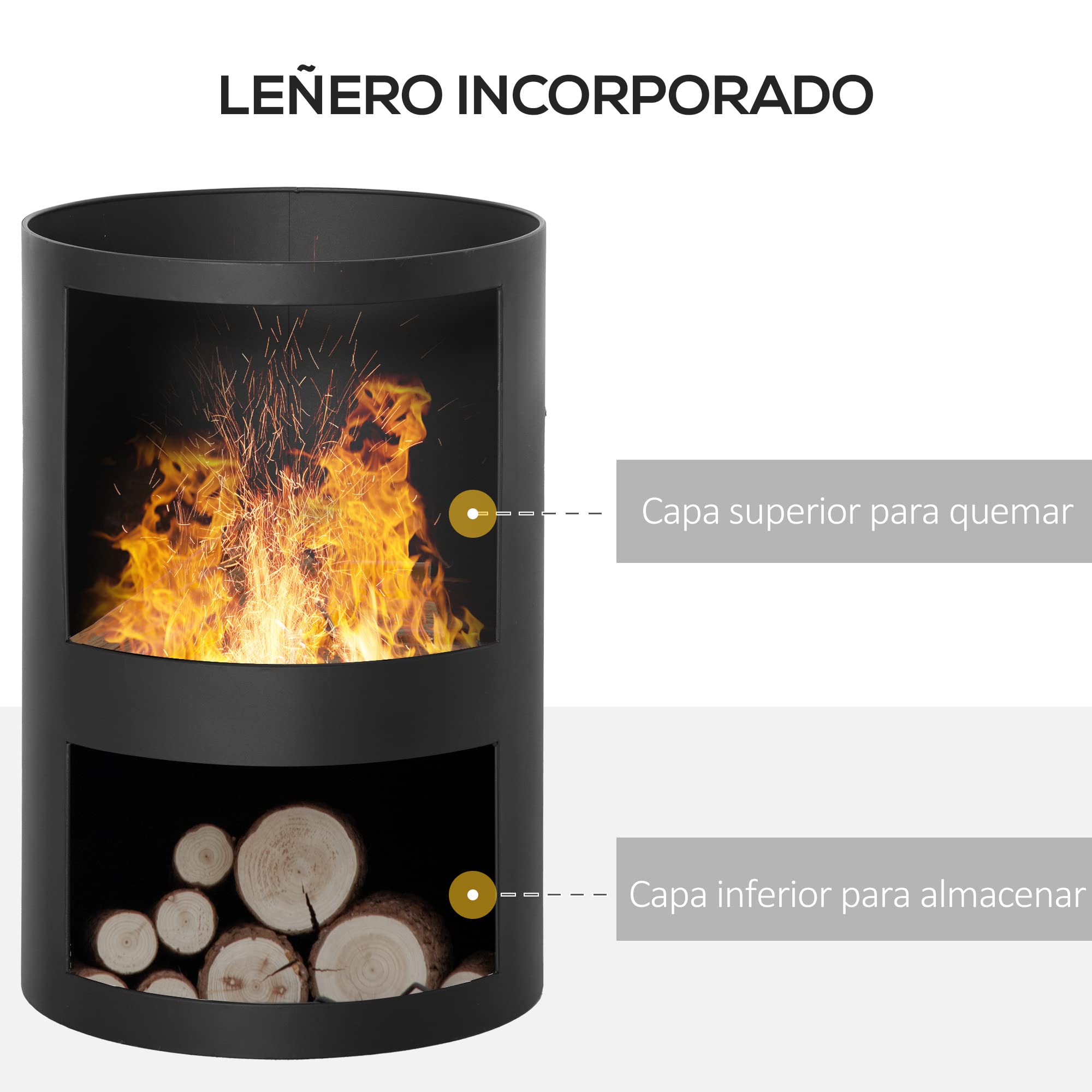 Outsunny Chimenea de exterior brasero mexicano Altura 133 cm, Diámetro 45, Metal con gran chimenea - Almacenamiento de troncos - Negro