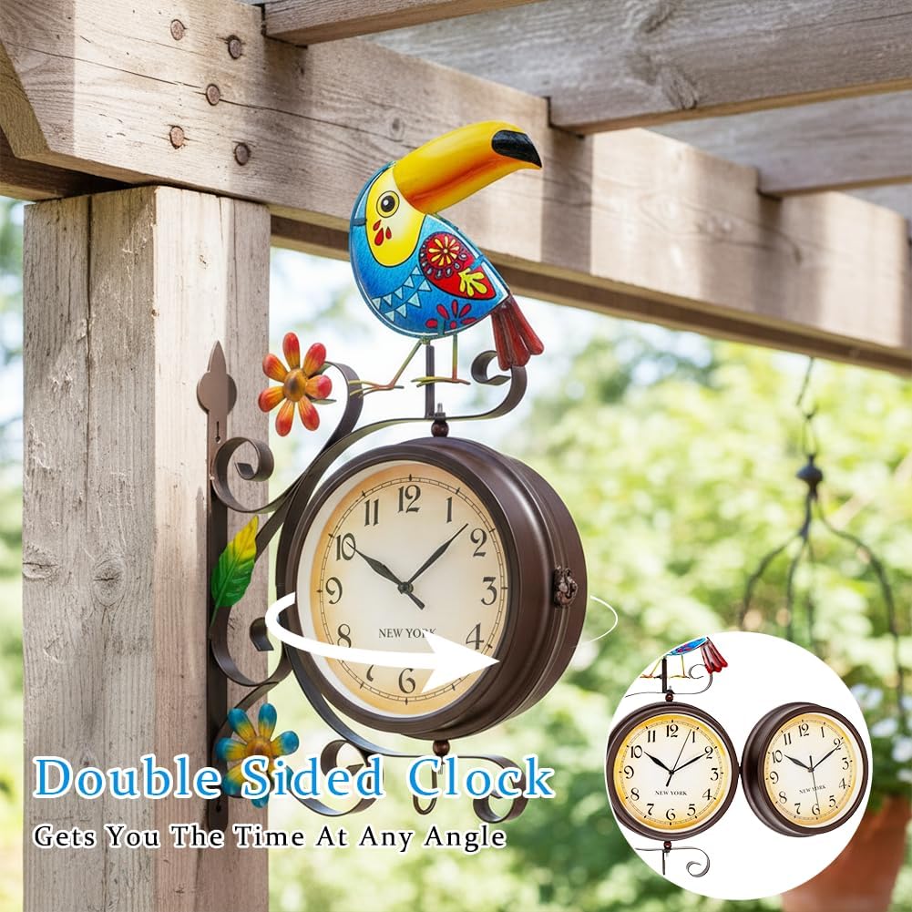 Vintage Indoor Outdoor Clock - Silent Non-Ticking, Double Sided Wall Clock with Toucan Decor Waterproof for Garden, Patio, Yard, Farmhouse, Home Décor (Blue)