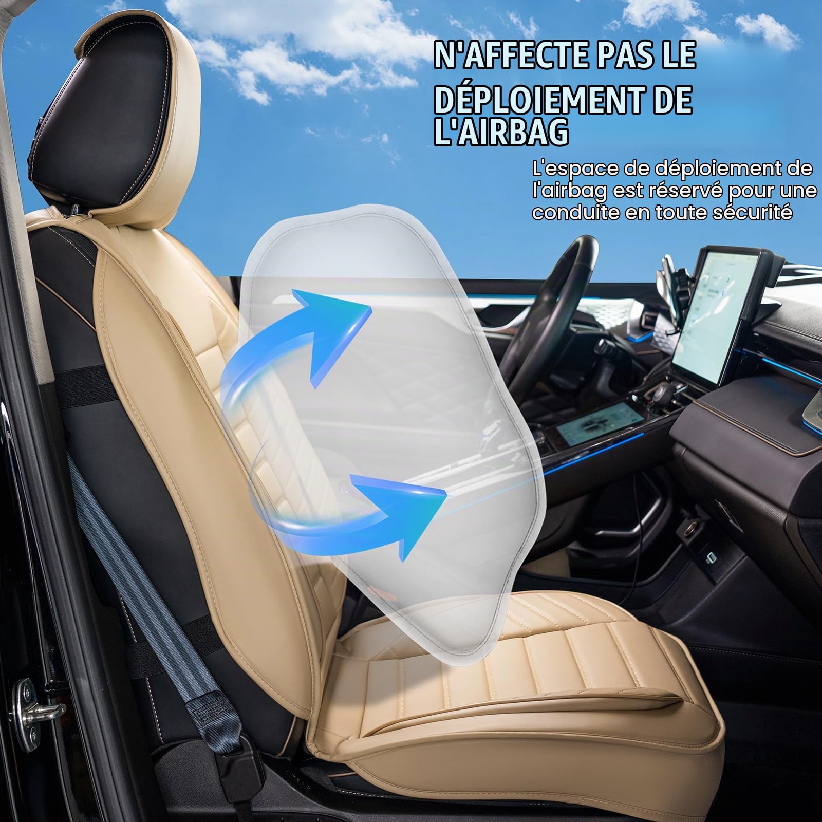 VEVOR Housses de siège de voiture universelles pour sièges avant, 2 pcs, housse de siège en simili-cuir, conception entièrement fermée, appuie-tête détachable, airbag, pour voitures SUV camions, beige