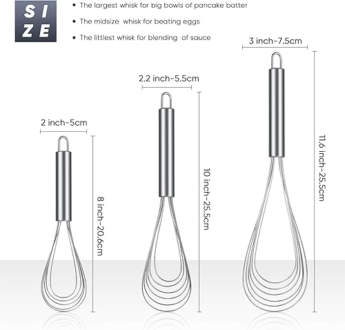 Miniatura 2 de Patelai Juego de 3 batidores planos de acero inoxidable para cocina, de acero inoxidable, utensilios de huevo de alambre plano, batidor de 6